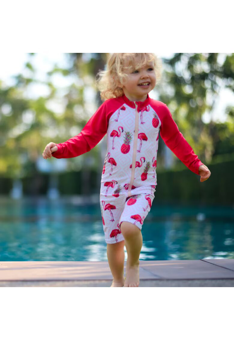 Zipster Costum de baie cu protectie solara UPF 50+ - - Swimster Flamingo - Rosu si Alb - pentru fetite - 3-4 ani - Rosu