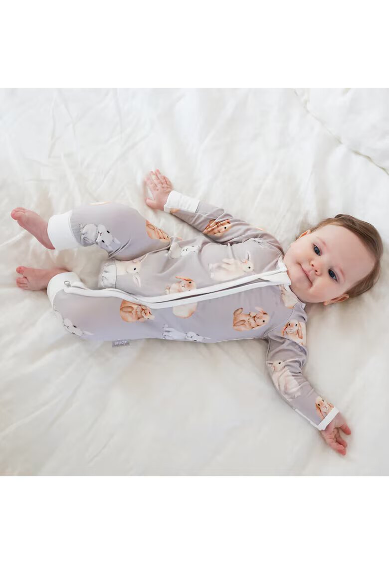 Zipster Pijamale lungi din bambus cu fermoar reversibil - - Bunny Rabbit - Gri cu model Iepurasi - pentru fetite si baietei - Gri