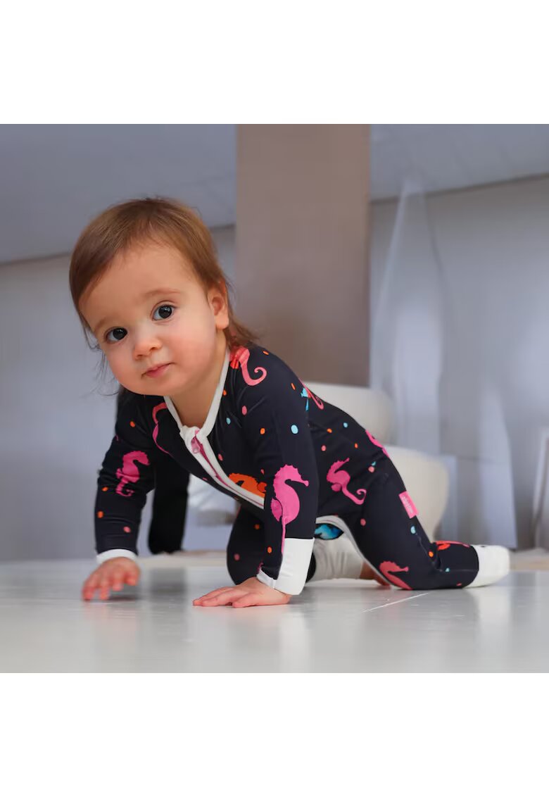 Zipster Pijamale lungi din bambus cu fermoar reversibil - - SeaHorse - Bleumarin cu caluti de mare Multicolori - pentru fetite