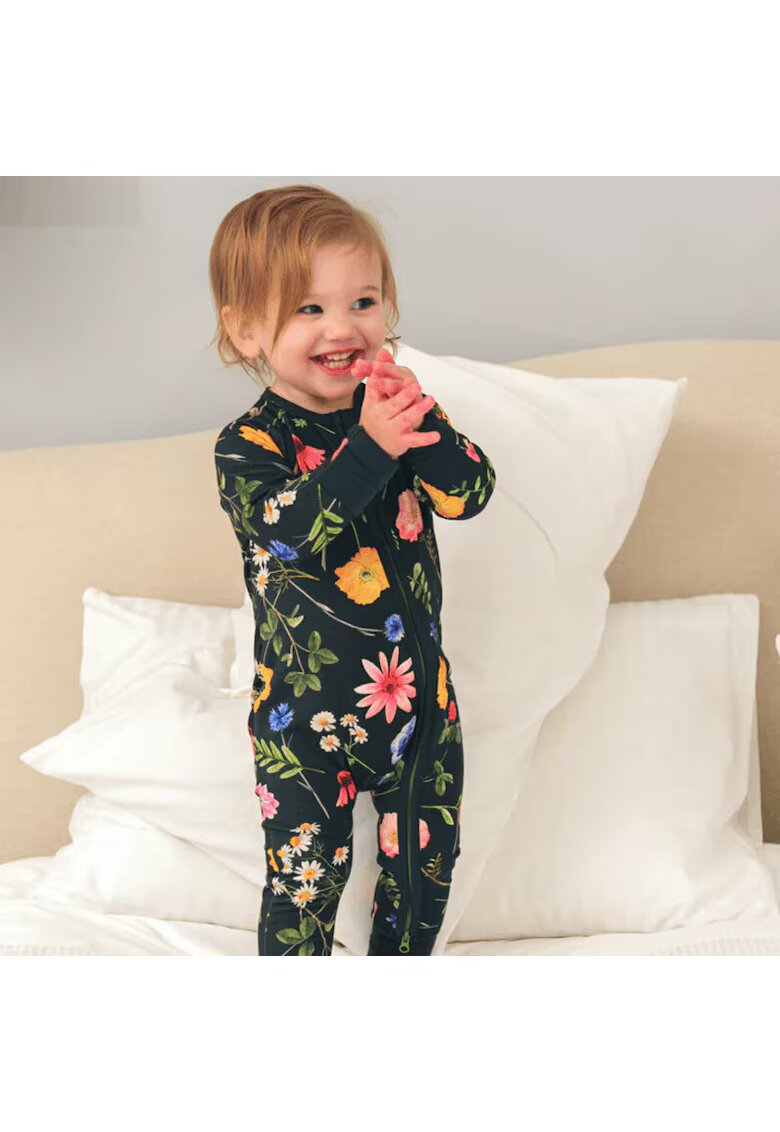 Zipster Pijamale lungi din bambus cu fermoar reversibil - - WildFlower - Verde Inchis - pentru fetite