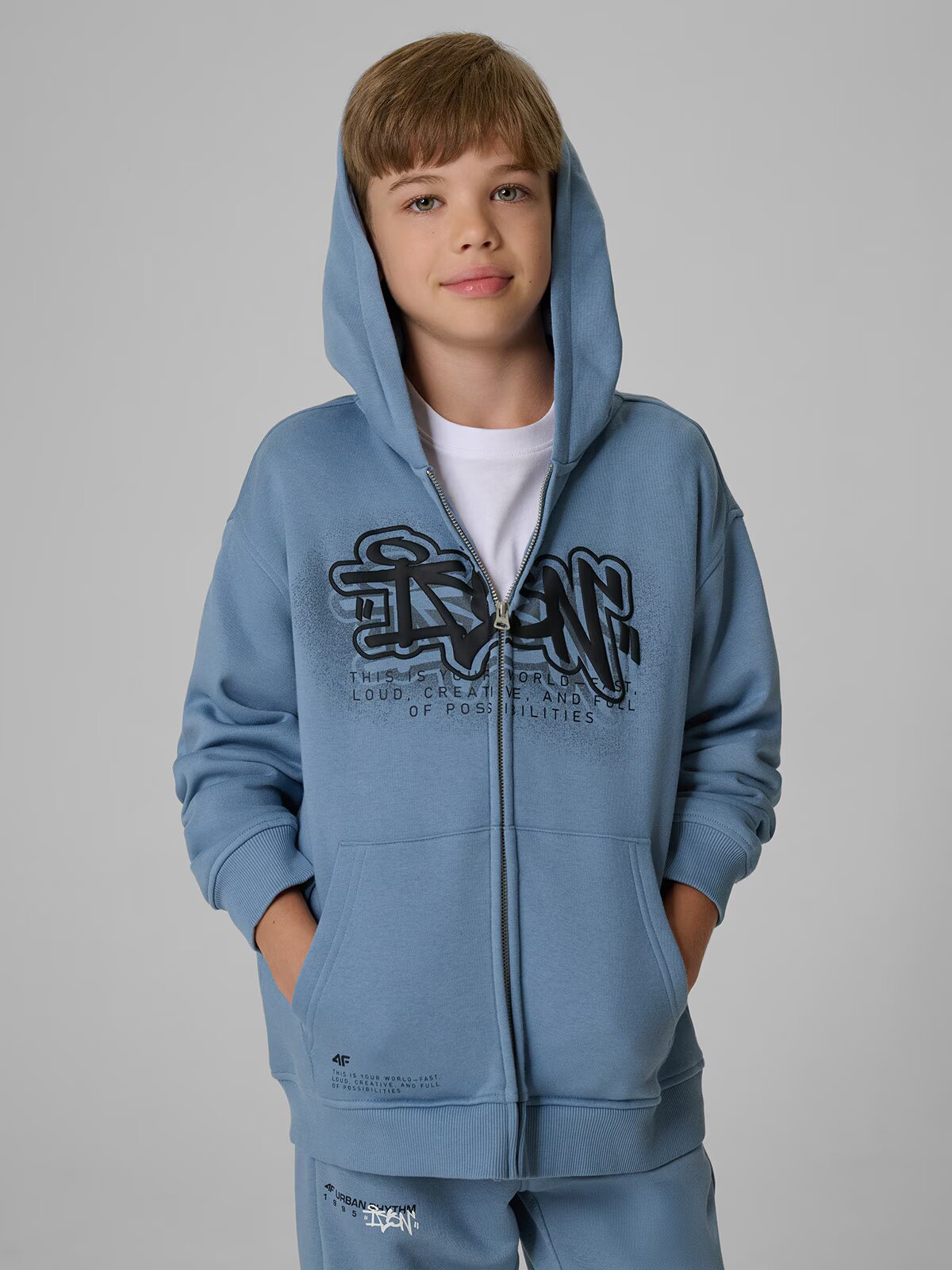 4F Bluză de trening loose cu glugă pentru băiat - denim 134/140 (8-10 ani)
