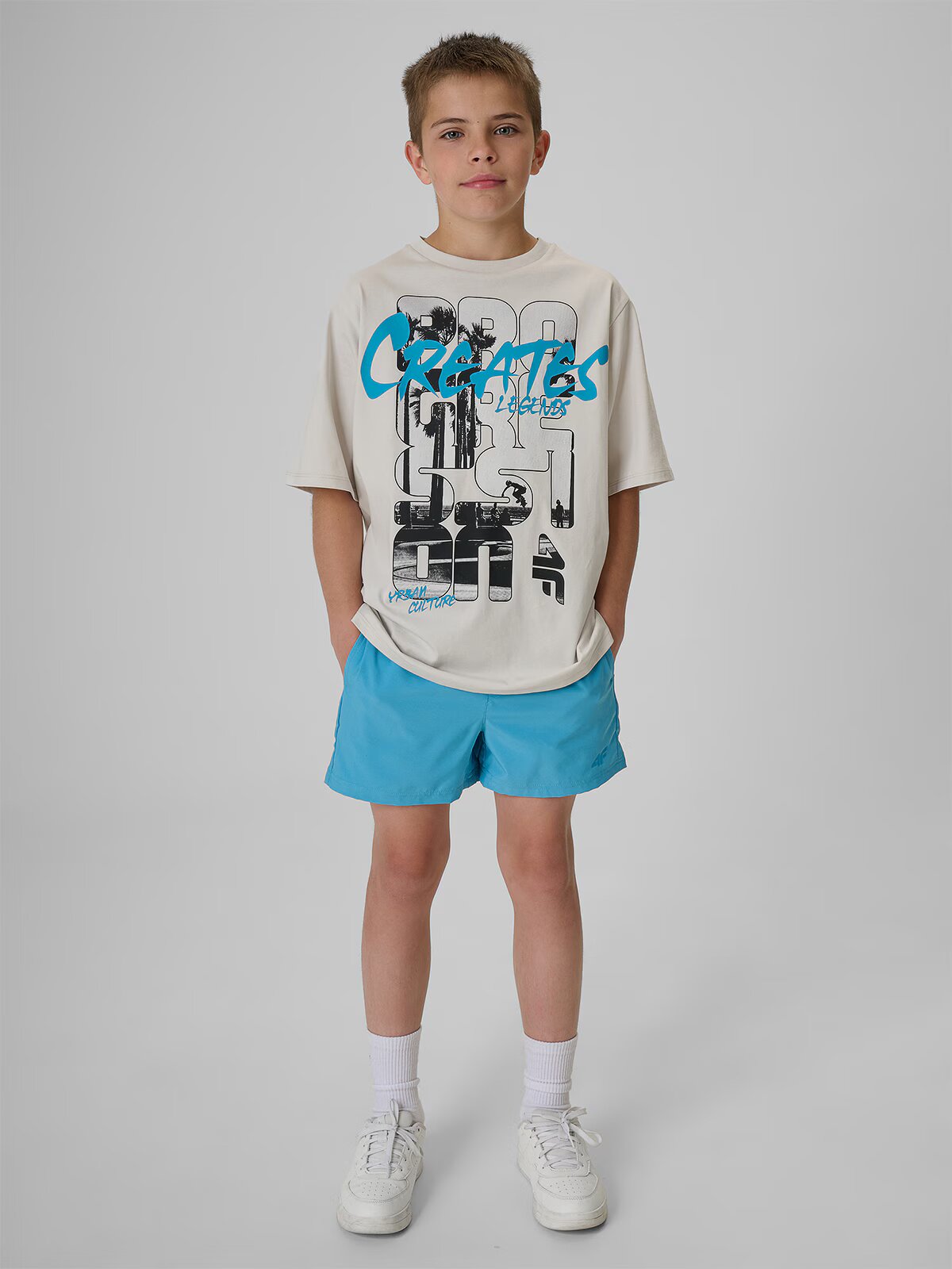 4F Pantaloni scurți de plajă boardshort pentru băieți - albaștri 122/128 (6-8 ani)