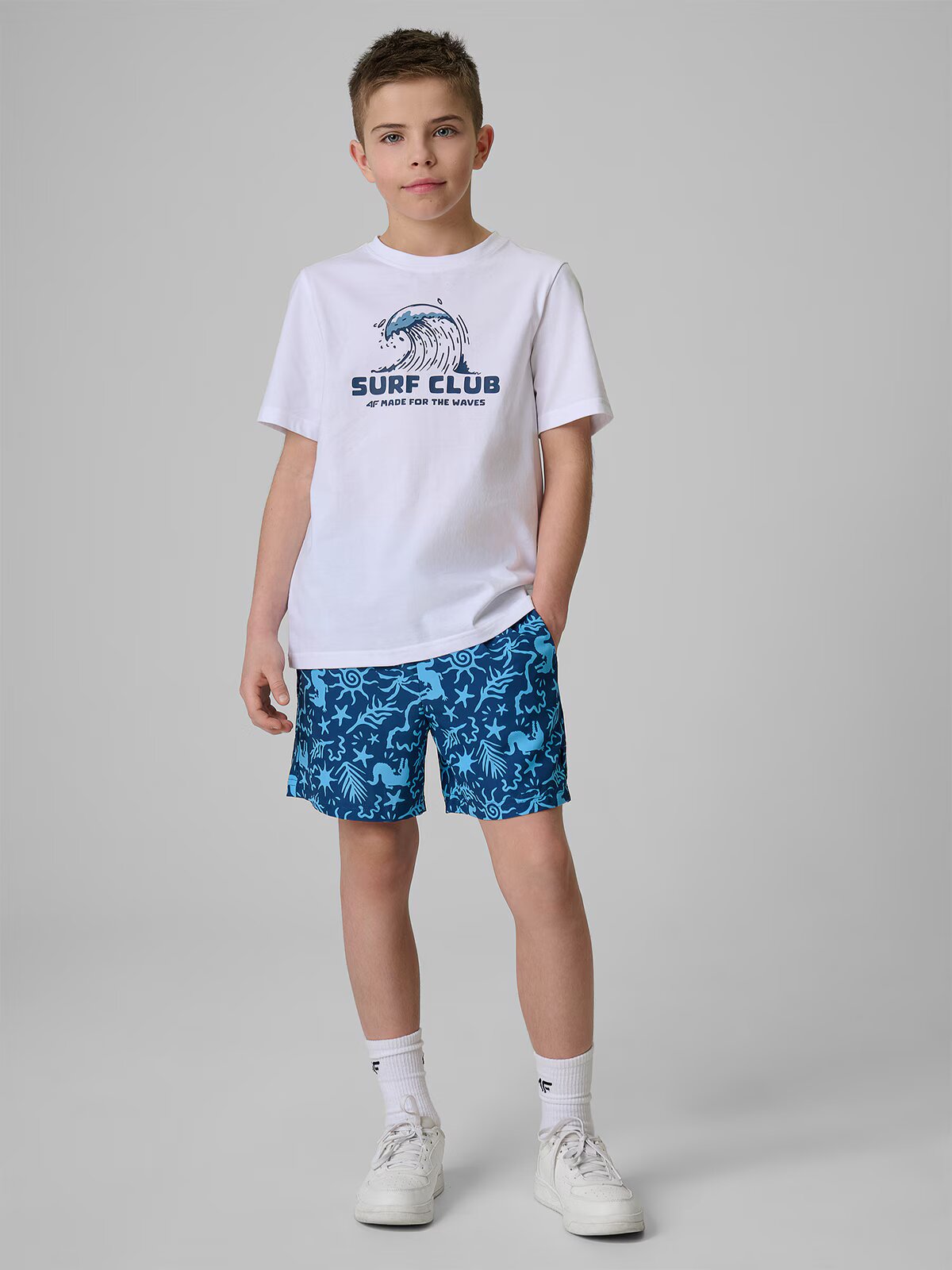 4F Pantaloni scurți de plajă boardshort pentru băieți - albastru 134/140 (8-10 ani)