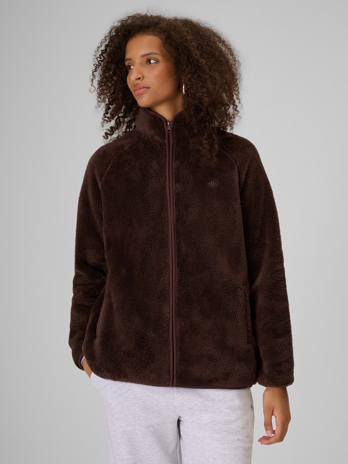 4F Polar loose cu guler pentru femei - maro S