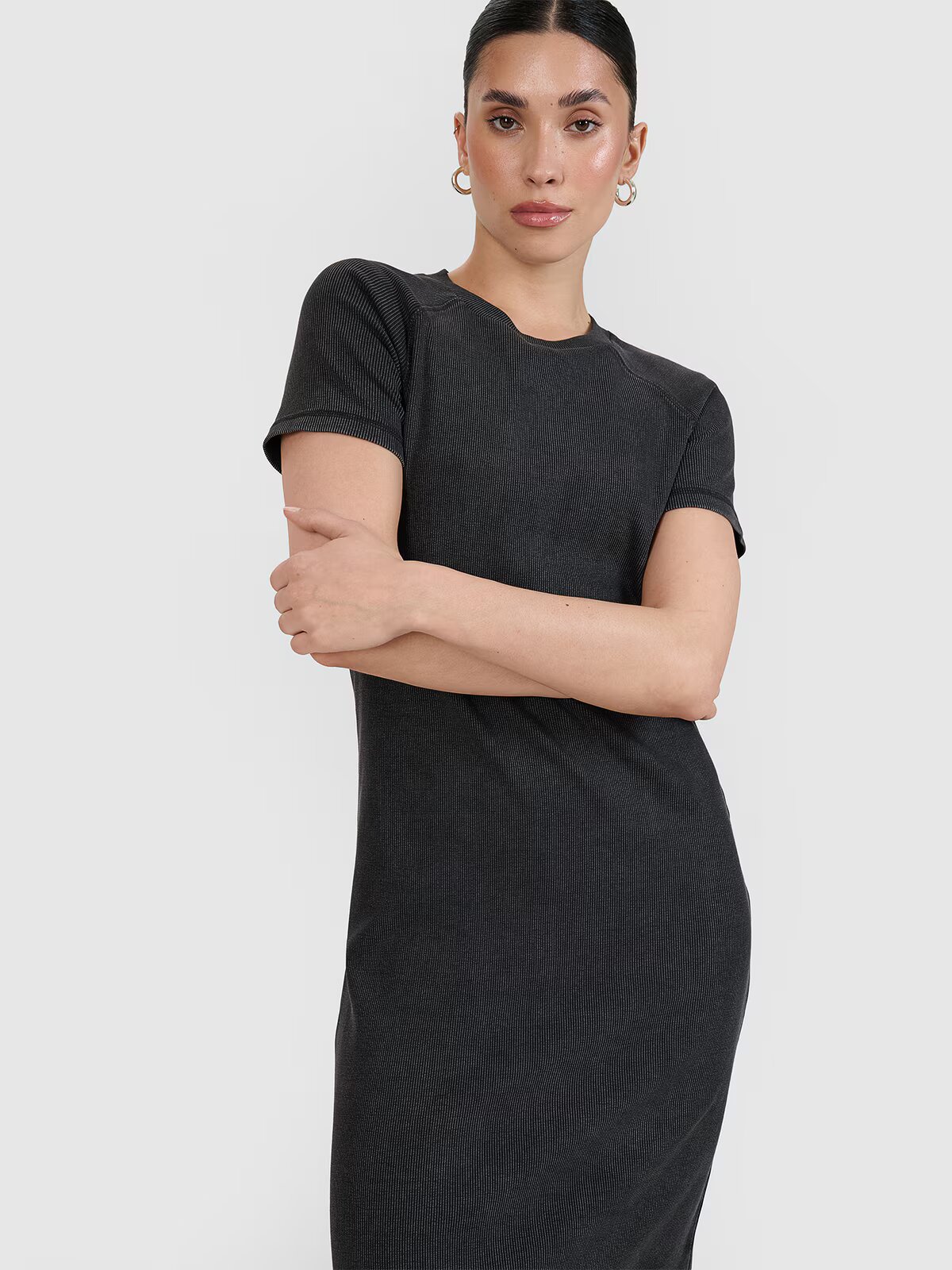 4F Rochie midi din tricot striat pentru femei - neagră XS