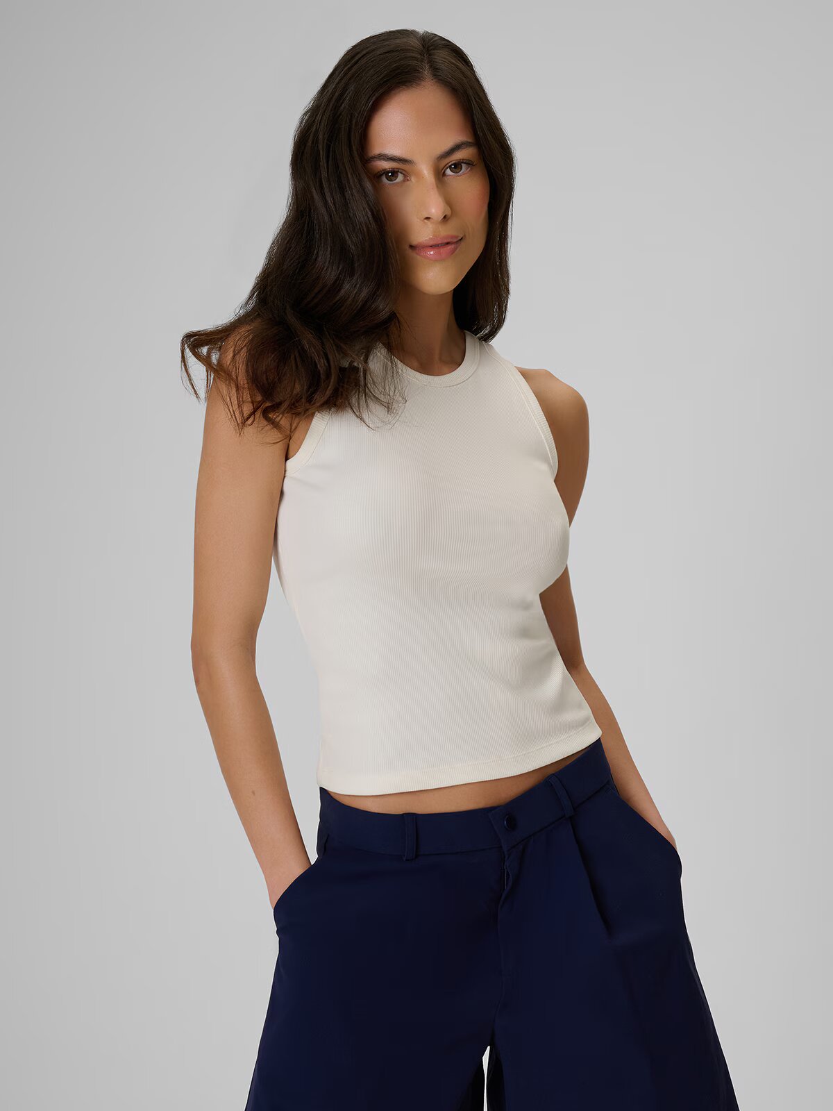 4F Top slim din tricot reiat pentru femei - crem XS