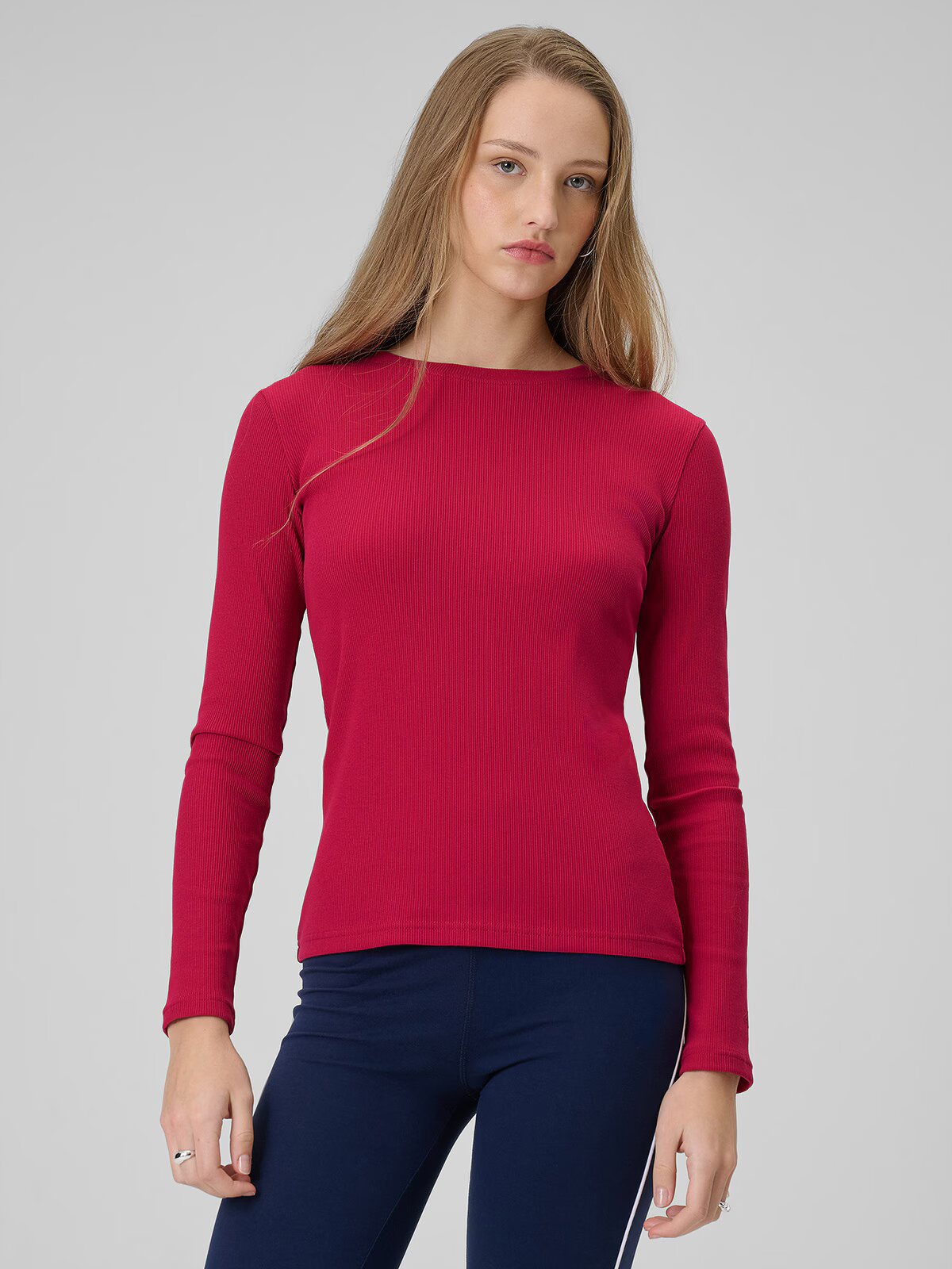 4F Tricou cu mânecă lungă slim din tricot striat pentru femei - S