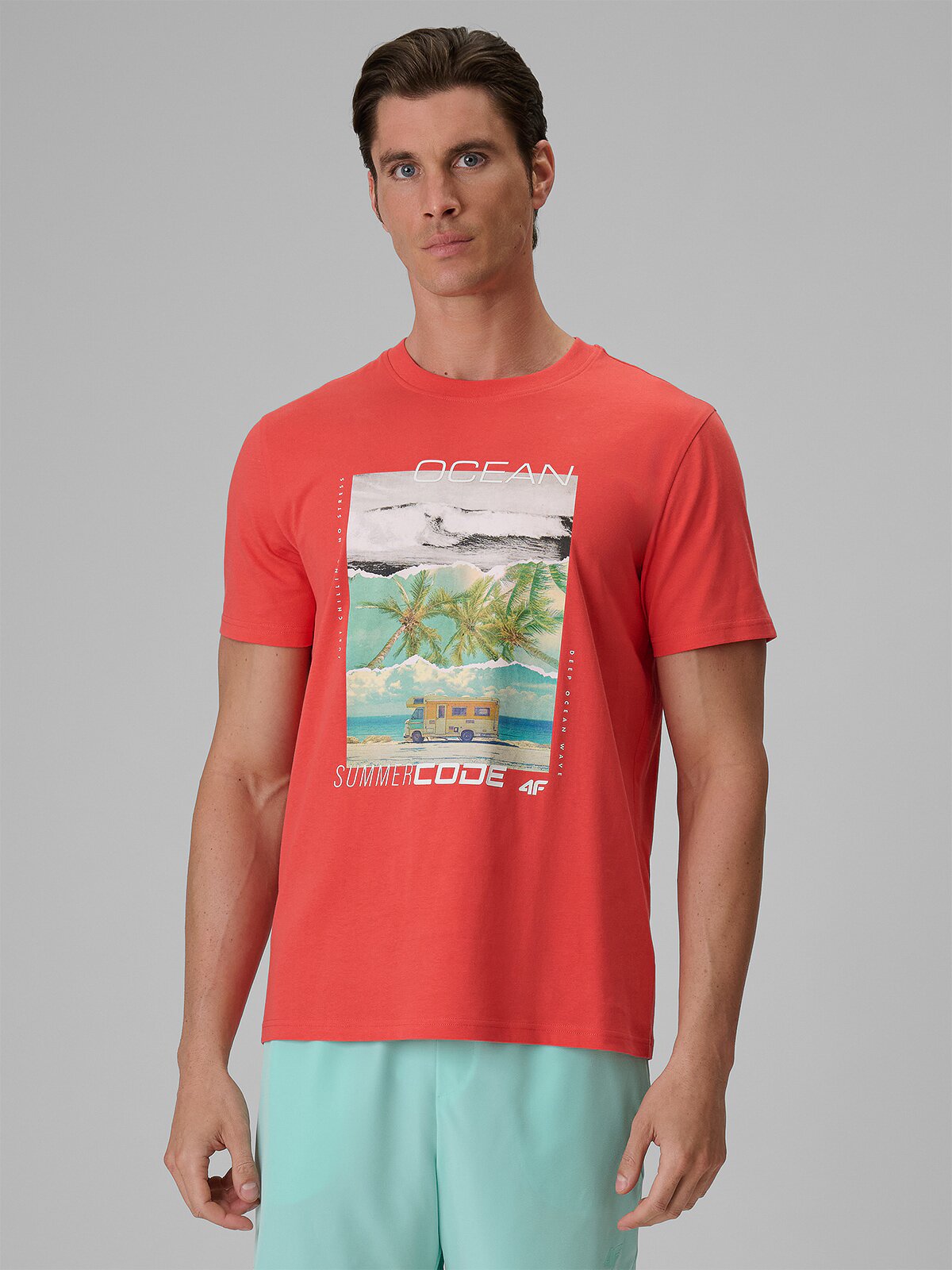 4F Tricou regular cu imprimeu pentru bărbați - coral XL