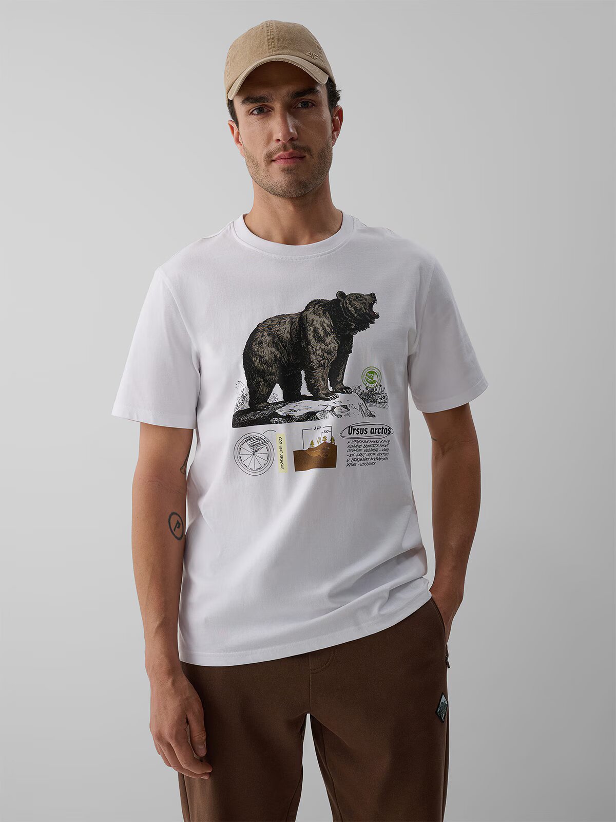 4F Tricou regular cu imprimeu pentru bărbați - crem XL