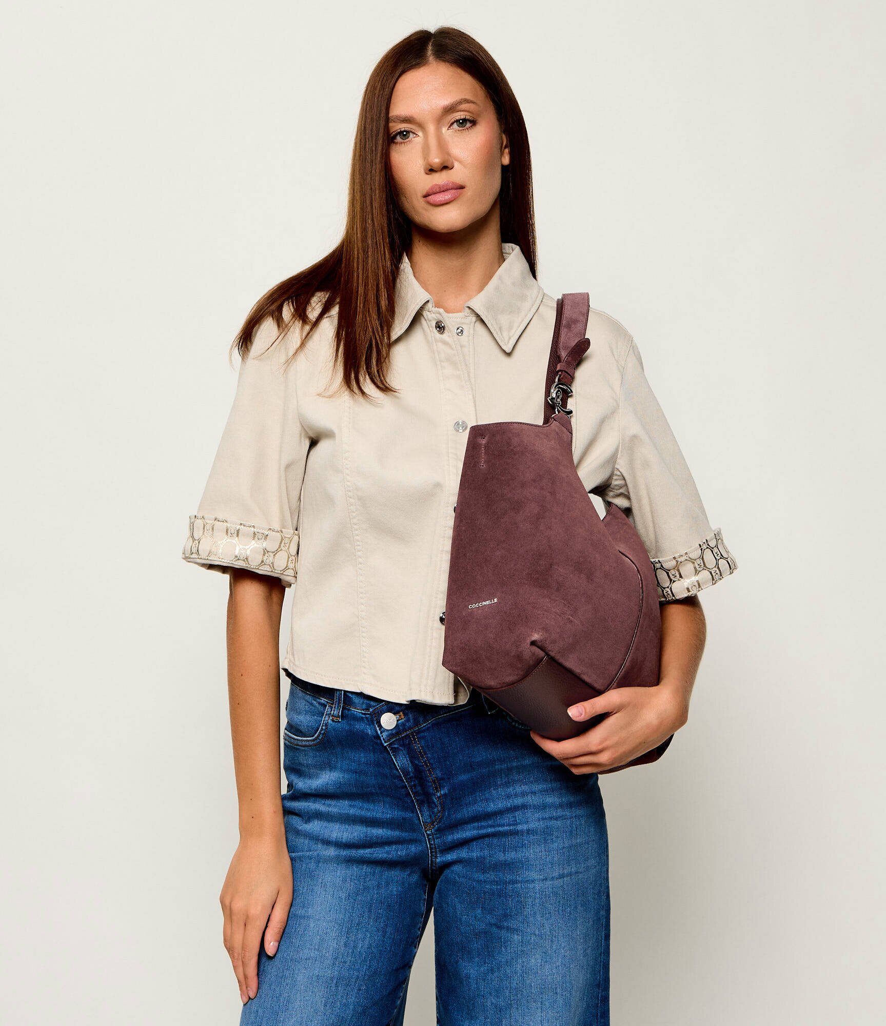 COCCINELLE Geantă shopper + borsetă C-Easy | piele întoarsă
