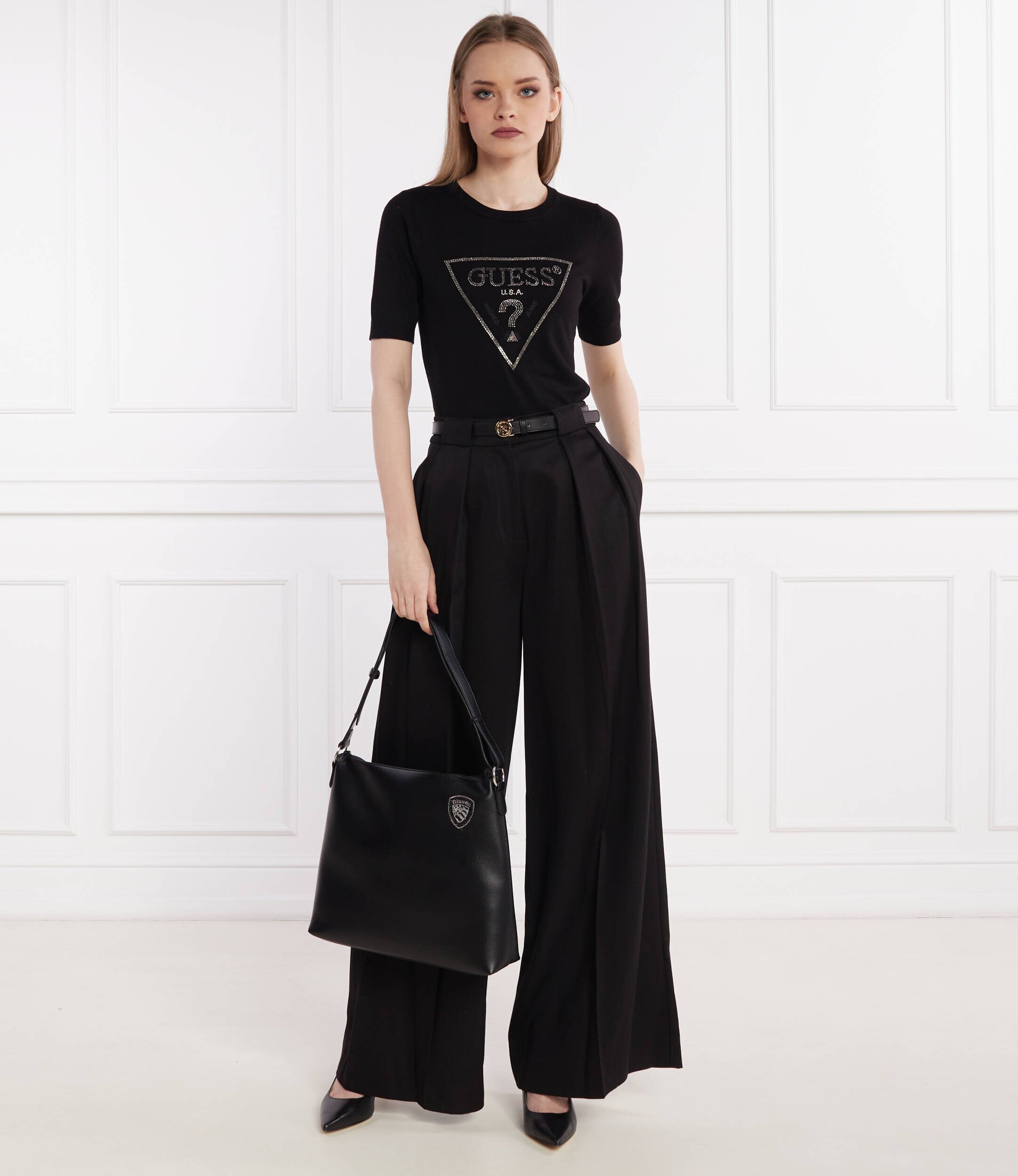 GUESS Pulover KAYLA LOGO RN SS SWTR | Slim Fit