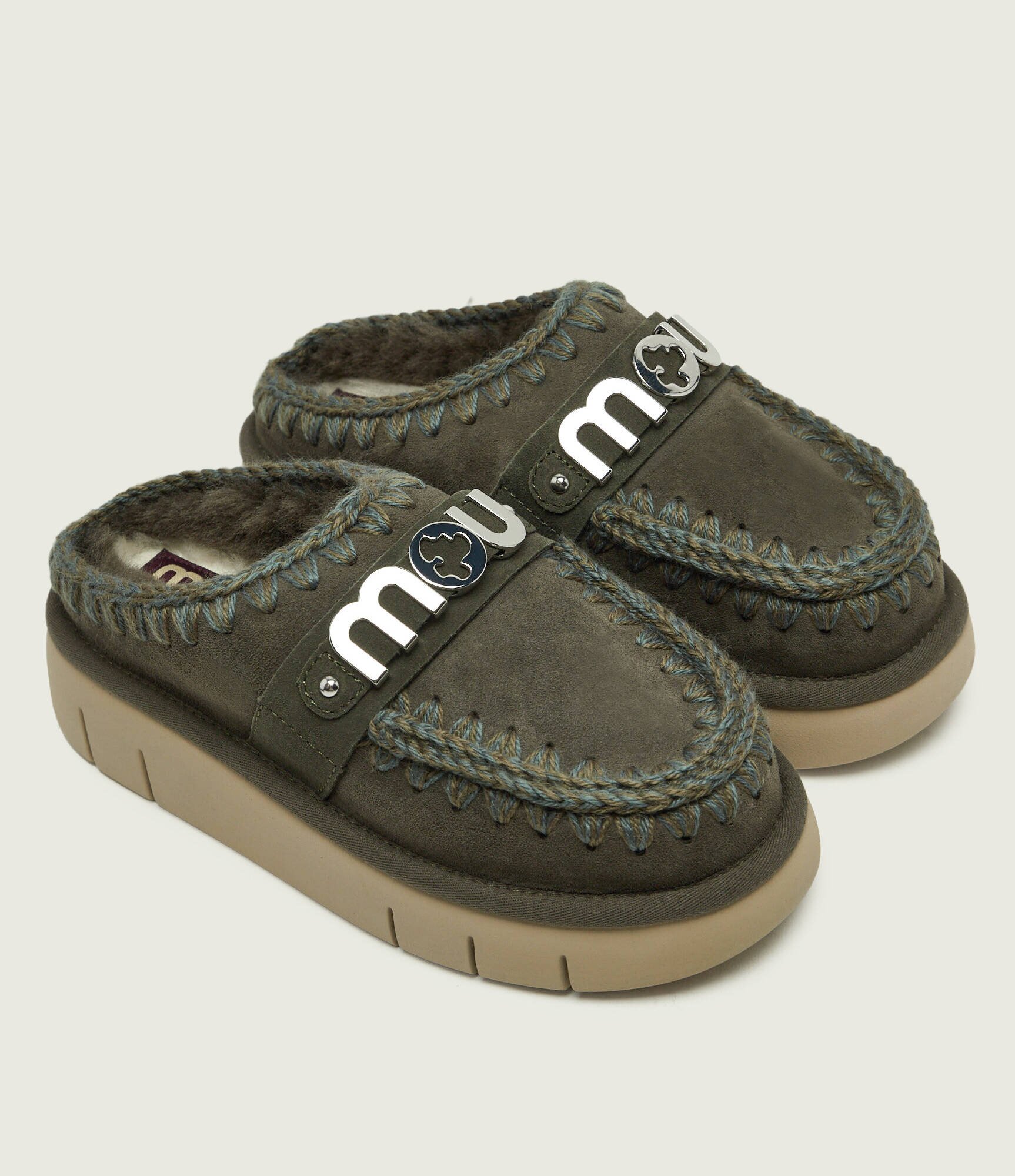 Mou Mules (încălțăminte) Bounce Clog cu adaos de lână | piele întoarsă