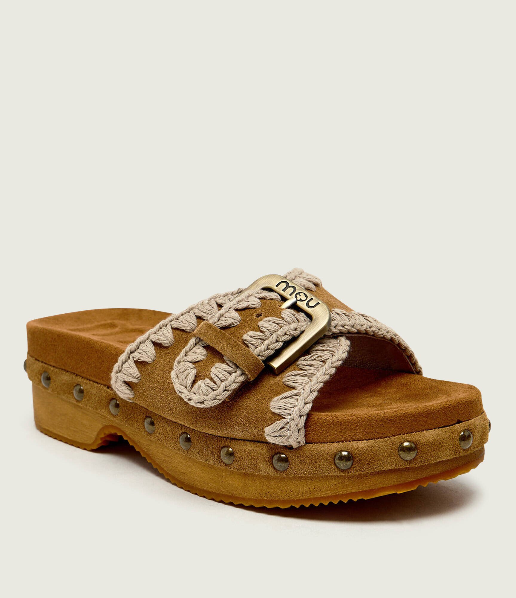Mou Șlapi Low heel wood clog | piele întoarsă