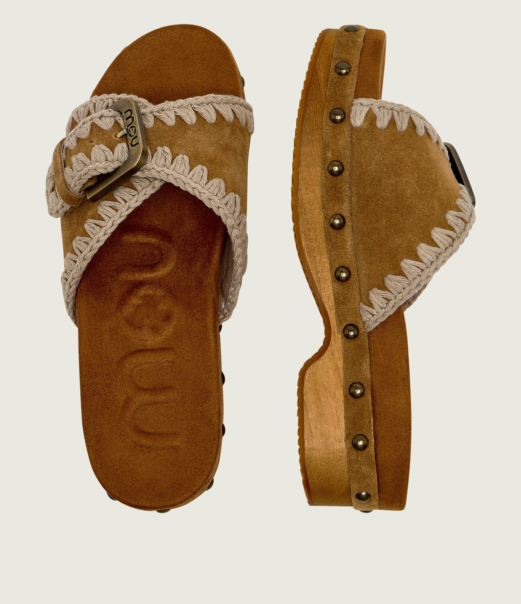 Mou Șlapi Low heel wood clog | piele întoarsă