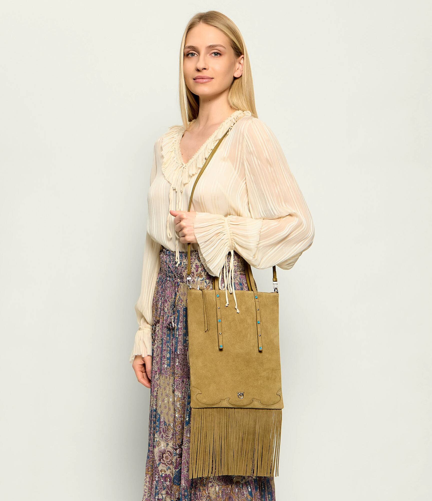 Pinko Geantă pe umăr MINI SHOPPER FRINGES | piele întoarsă