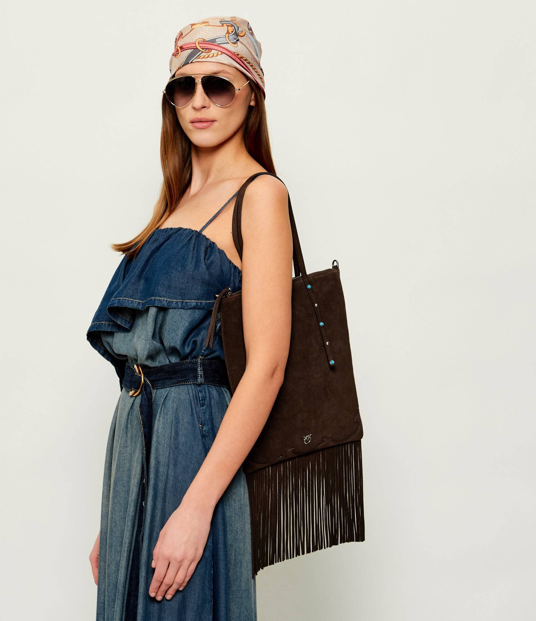 Pinko Geantă pe umăr MINI SHOPPER FRINGES | piele întoarsă