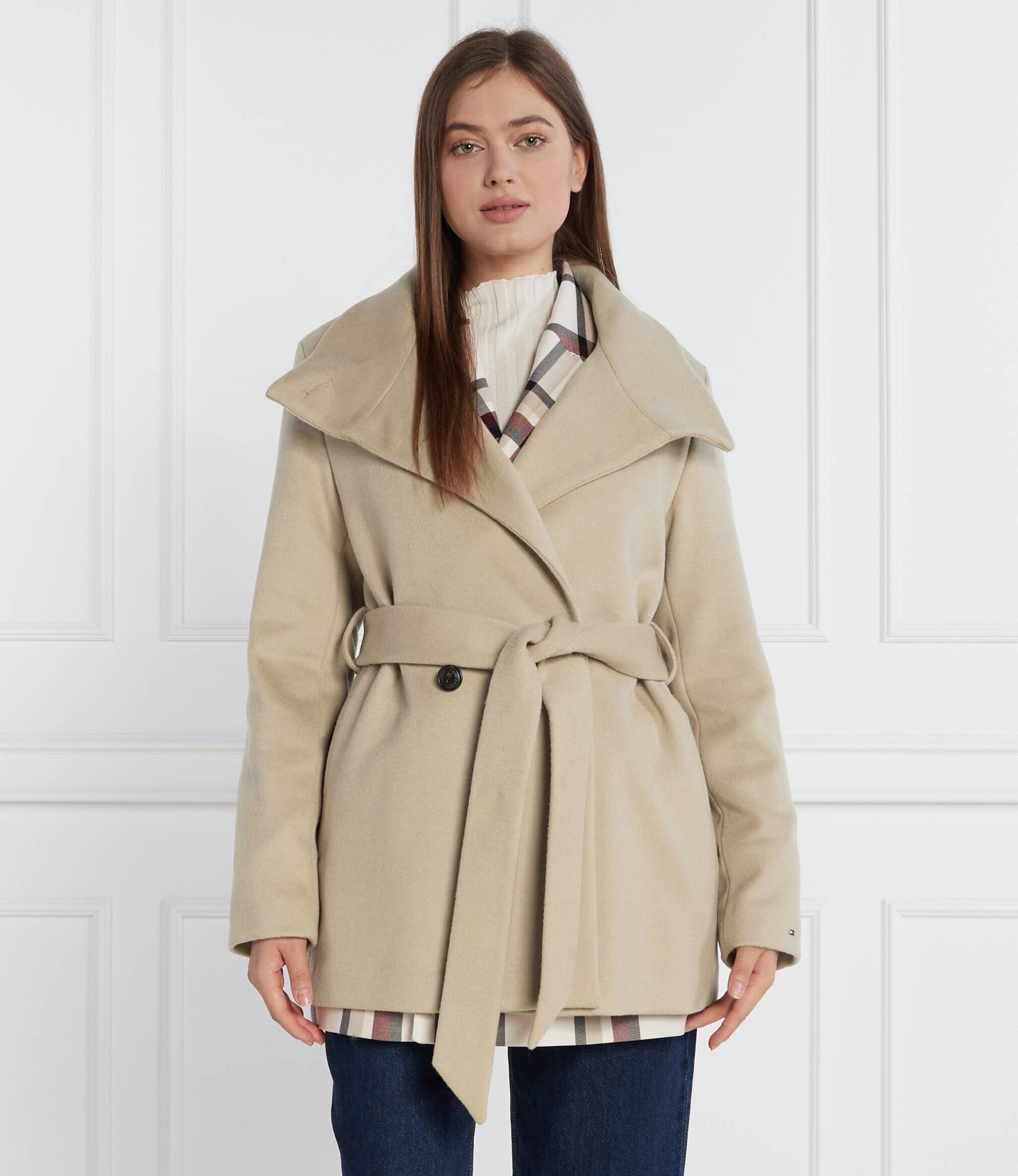 Tommy Hilfiger Palton DB BELTED FUNNEL JKT cu adaos de lână