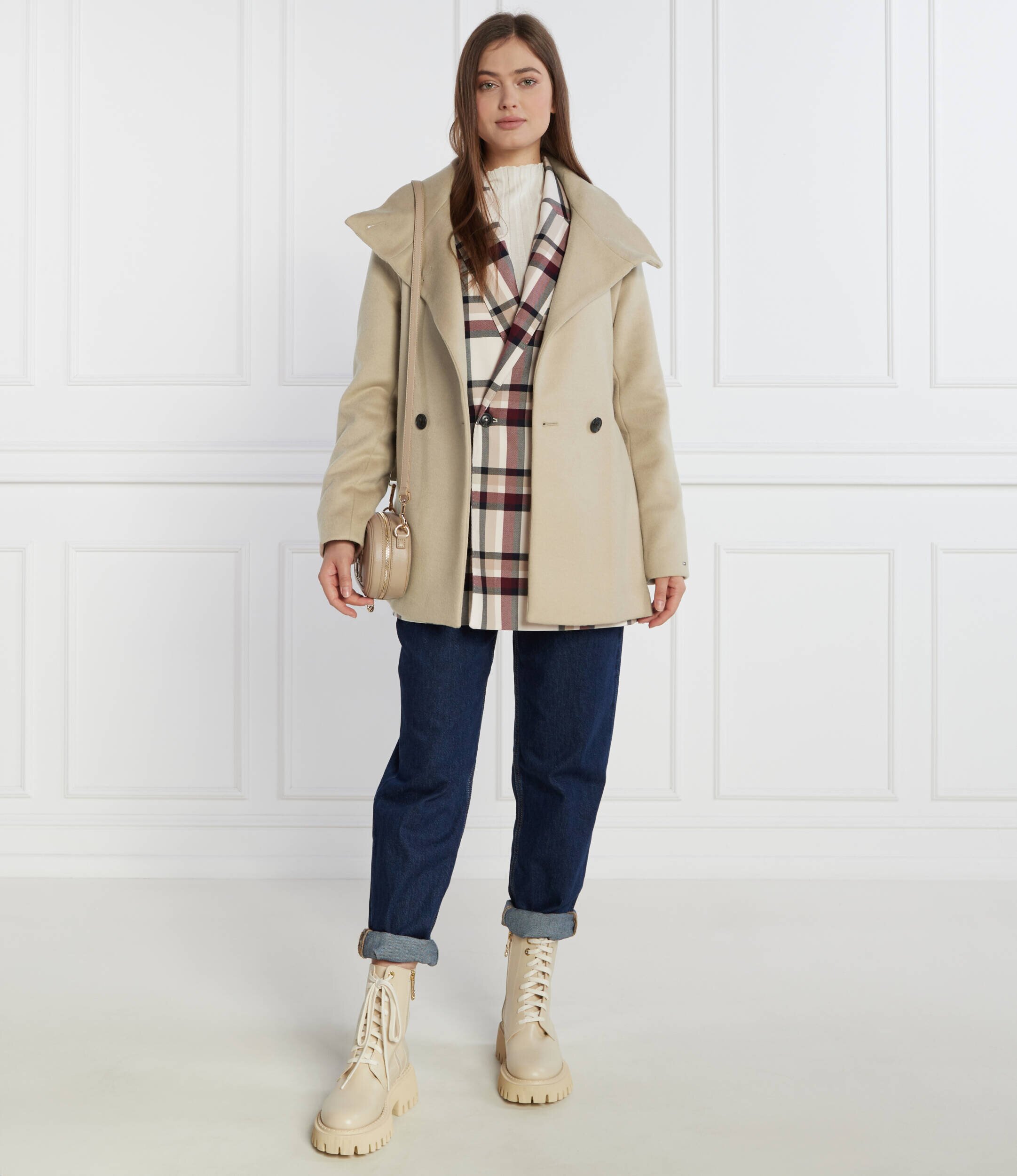 Tommy Hilfiger Palton DB BELTED FUNNEL JKT cu adaos de lână