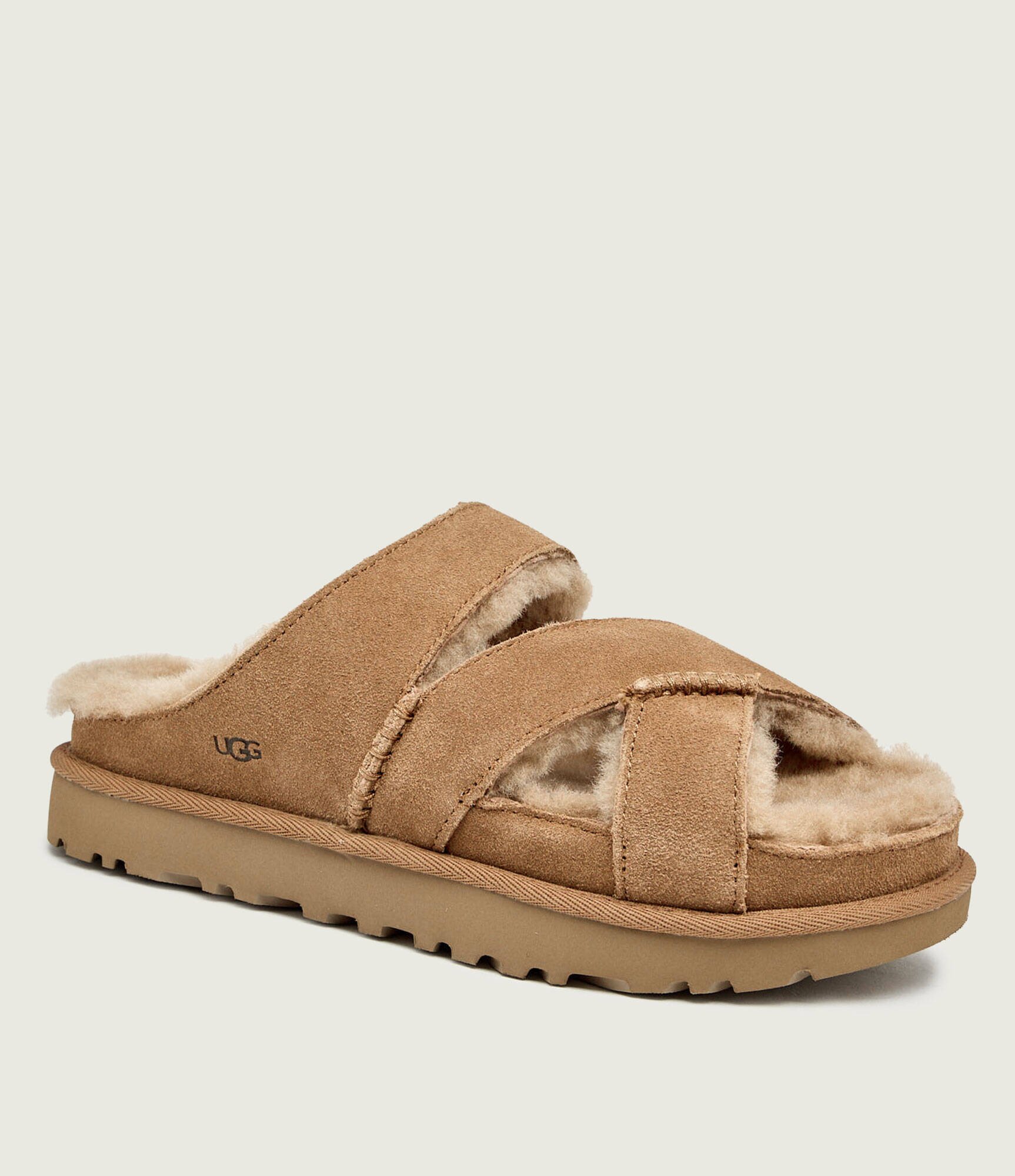 UGG Căptușite papuci de casă W Greenport Cross Strap Slide | piele întoarsă (zamsz) | cu adaos de lână