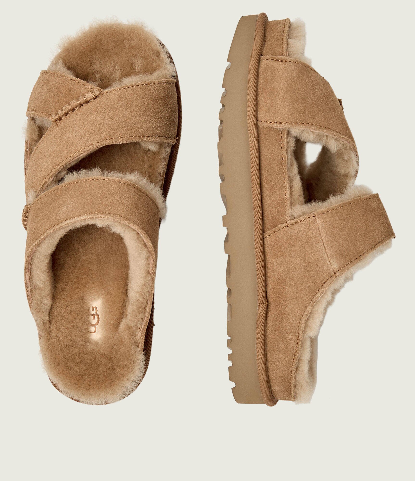 UGG Căptușite papuci de casă W Greenport Cross Strap Slide | piele întoarsă (zamsz) | cu adaos de lână