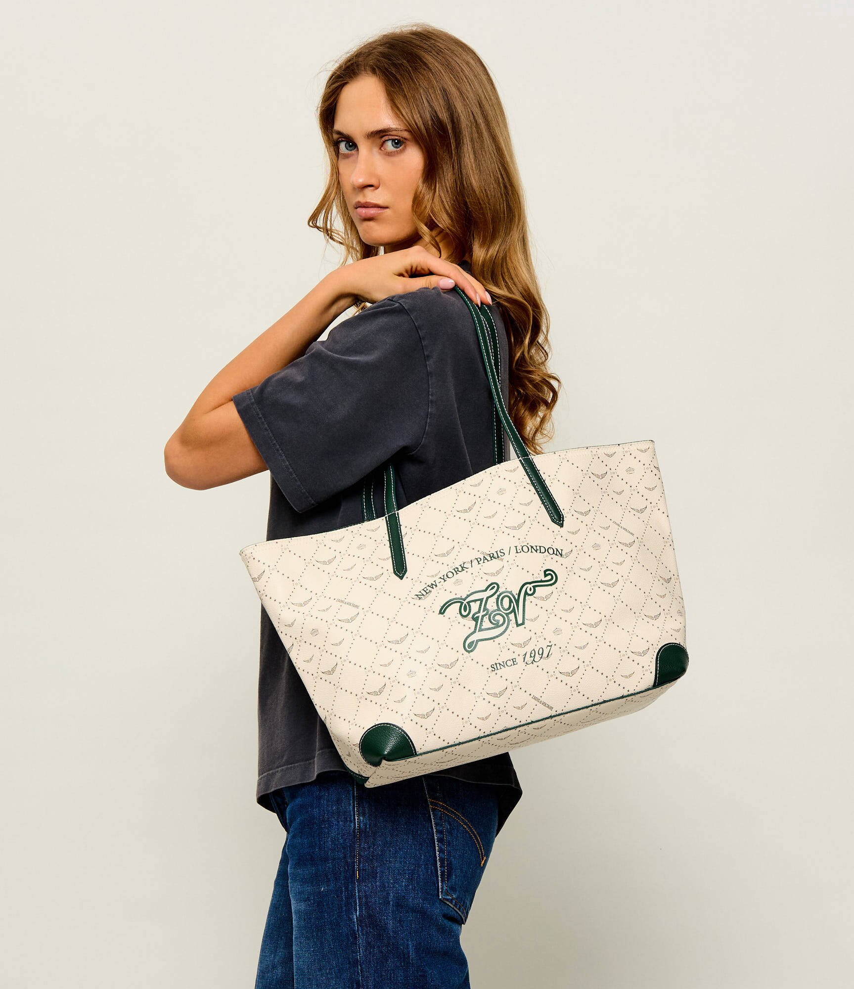 Zadig&Voltaire Geantă shopper Monogram Tennis cu adaos de piele