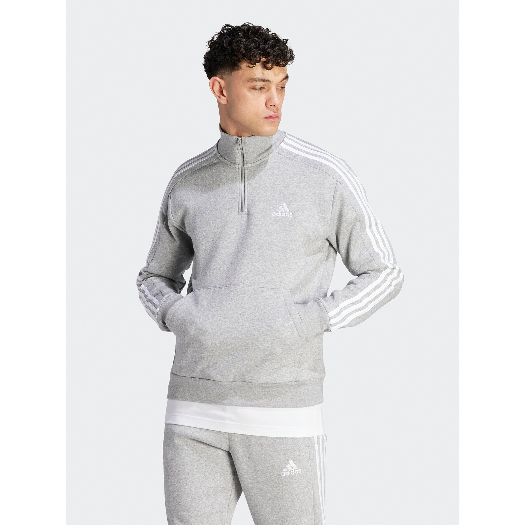 adidas Bluză Essentials Fleece 3-Stripes IJ8905 Gri Regular Fit - Pled.ro