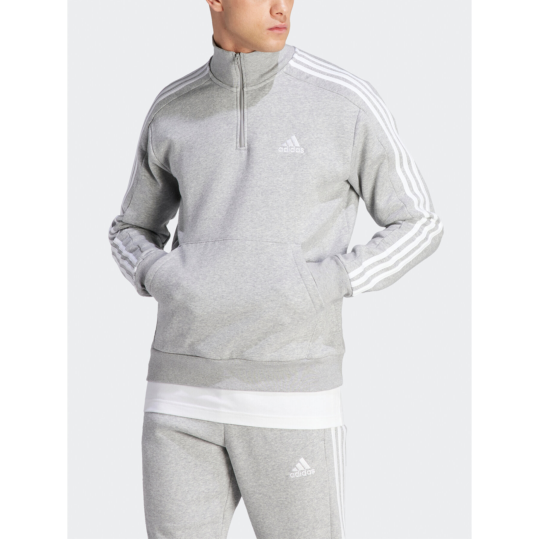 adidas Bluză Essentials Fleece 3-Stripes IJ8905 Gri Regular Fit - Pled.ro