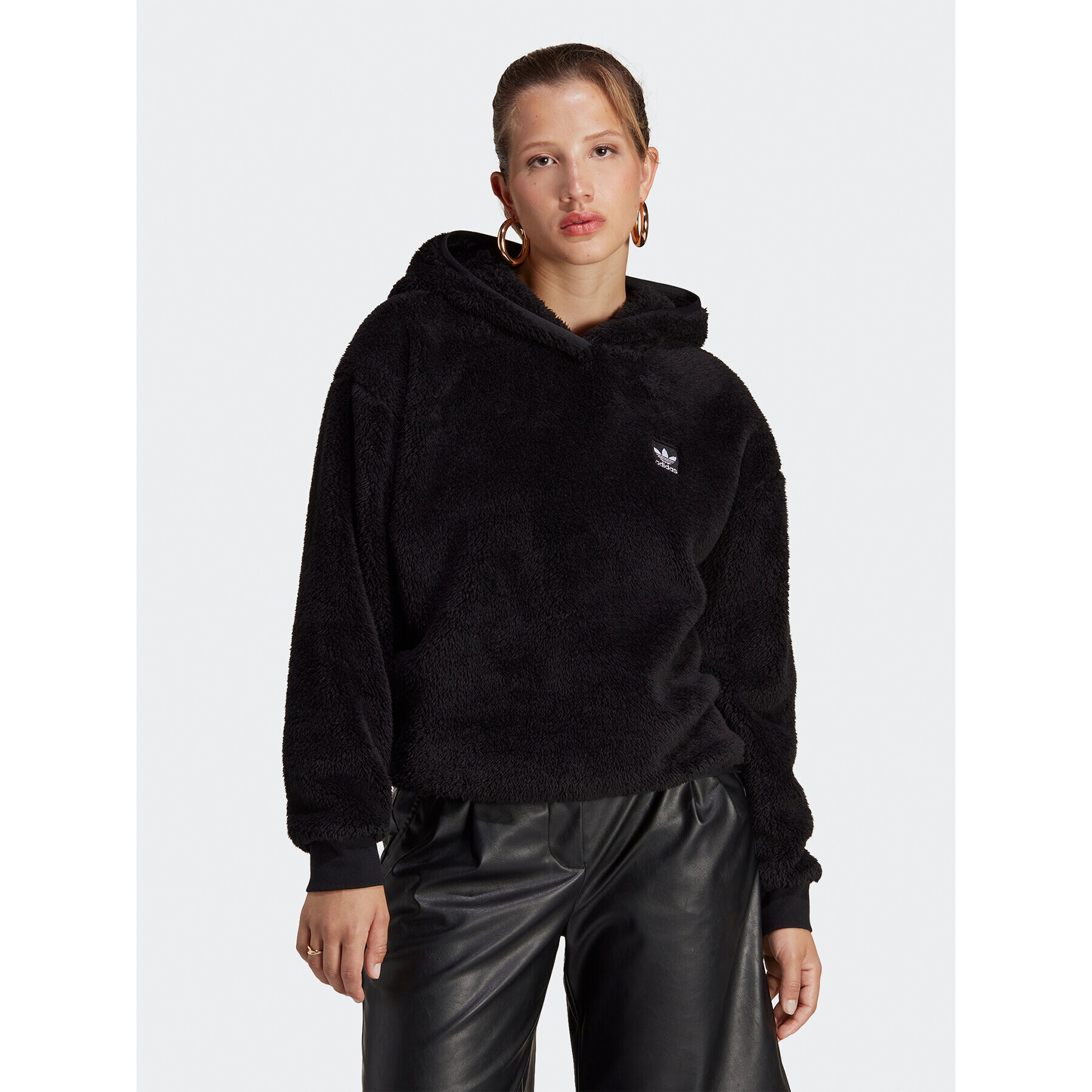 adidas Bluză Essentials+ Fluffy Teddy Hoodie IC2253 Negru Loose Fit - Pled.ro