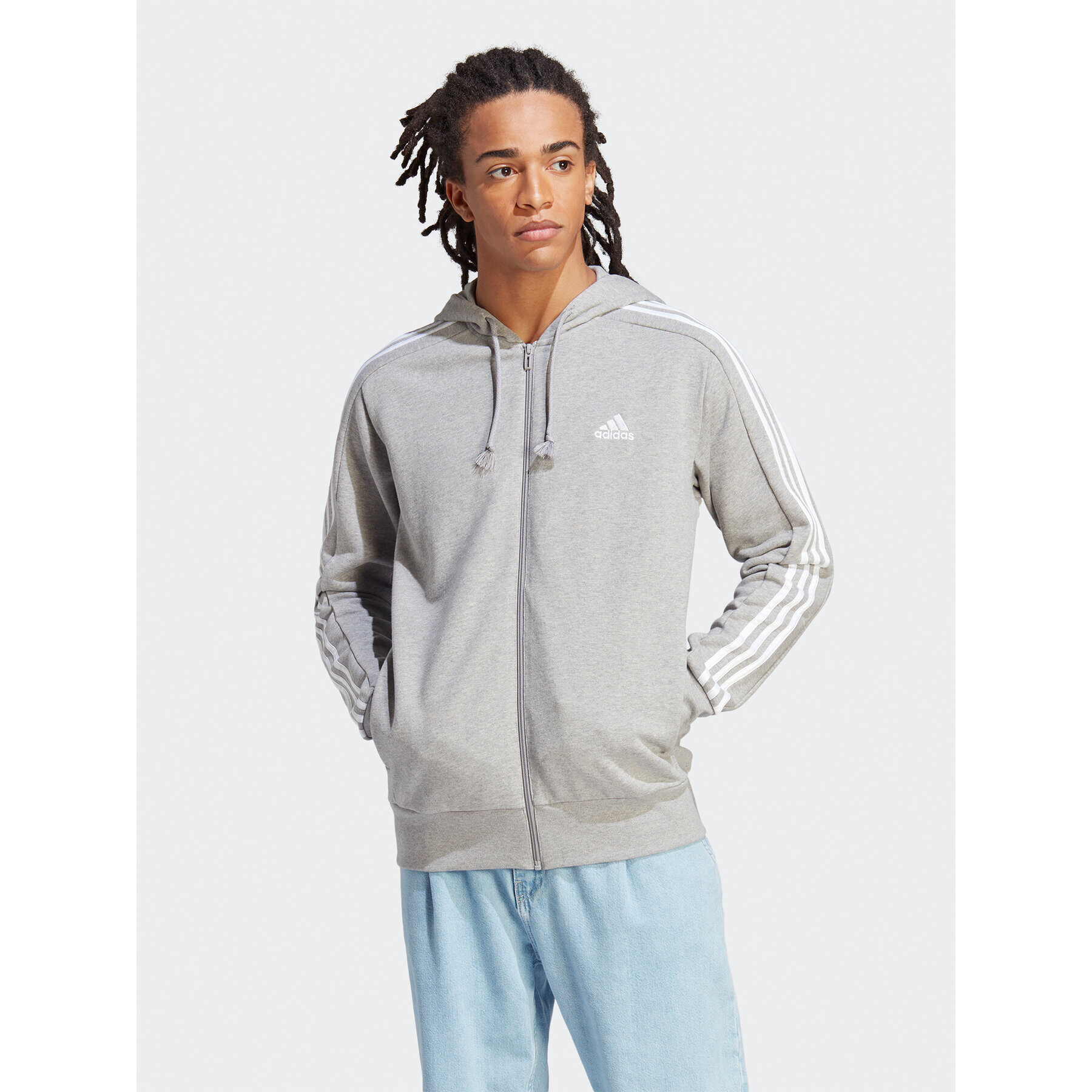 adidas Bluză Essentials French Terry 3-Stripes Full-Zip Hoodie IC9833 Gri Regular Fit - Pled.ro