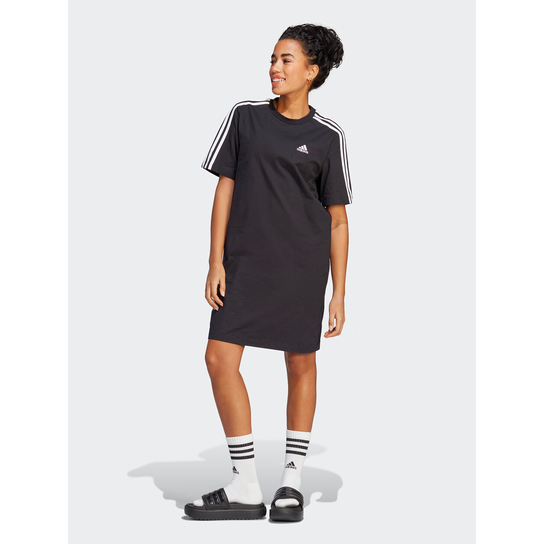 adidas Rochie de zi Essentials 3-Stripes Single Jersey Boyfriend Tee Dress HR4923 Negru Loose Fit - Pled.ro