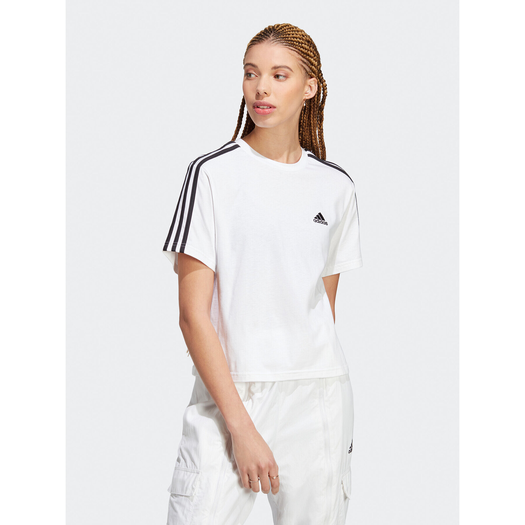 adidas Tricou Essentials 3-Stripes Single Jersey Crop Top HR4915 Alb Loose Fit - Pled.ro