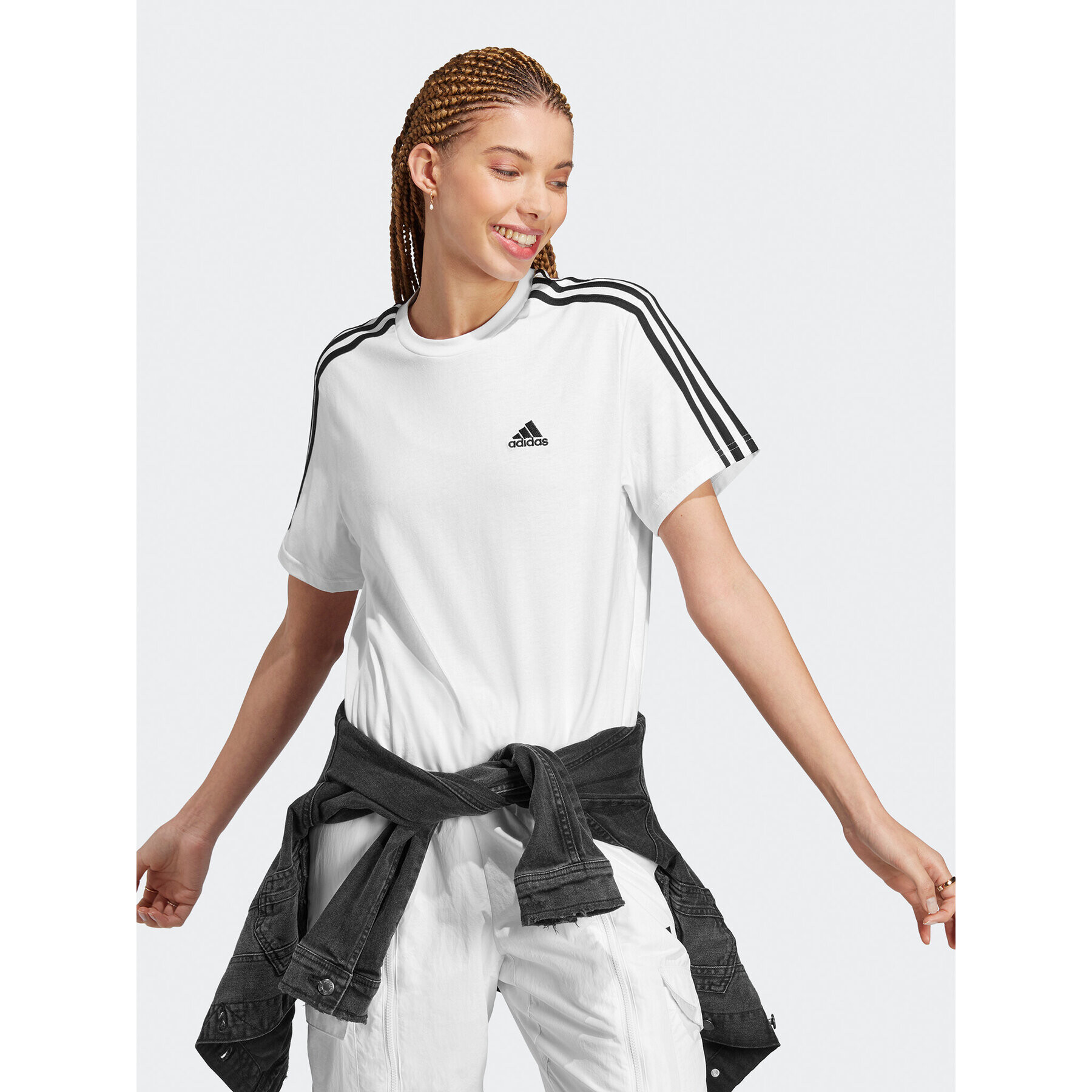 adidas Tricou Essentials 3-Stripes Single Jersey Crop Top HR4915 Alb Loose Fit - Pled.ro