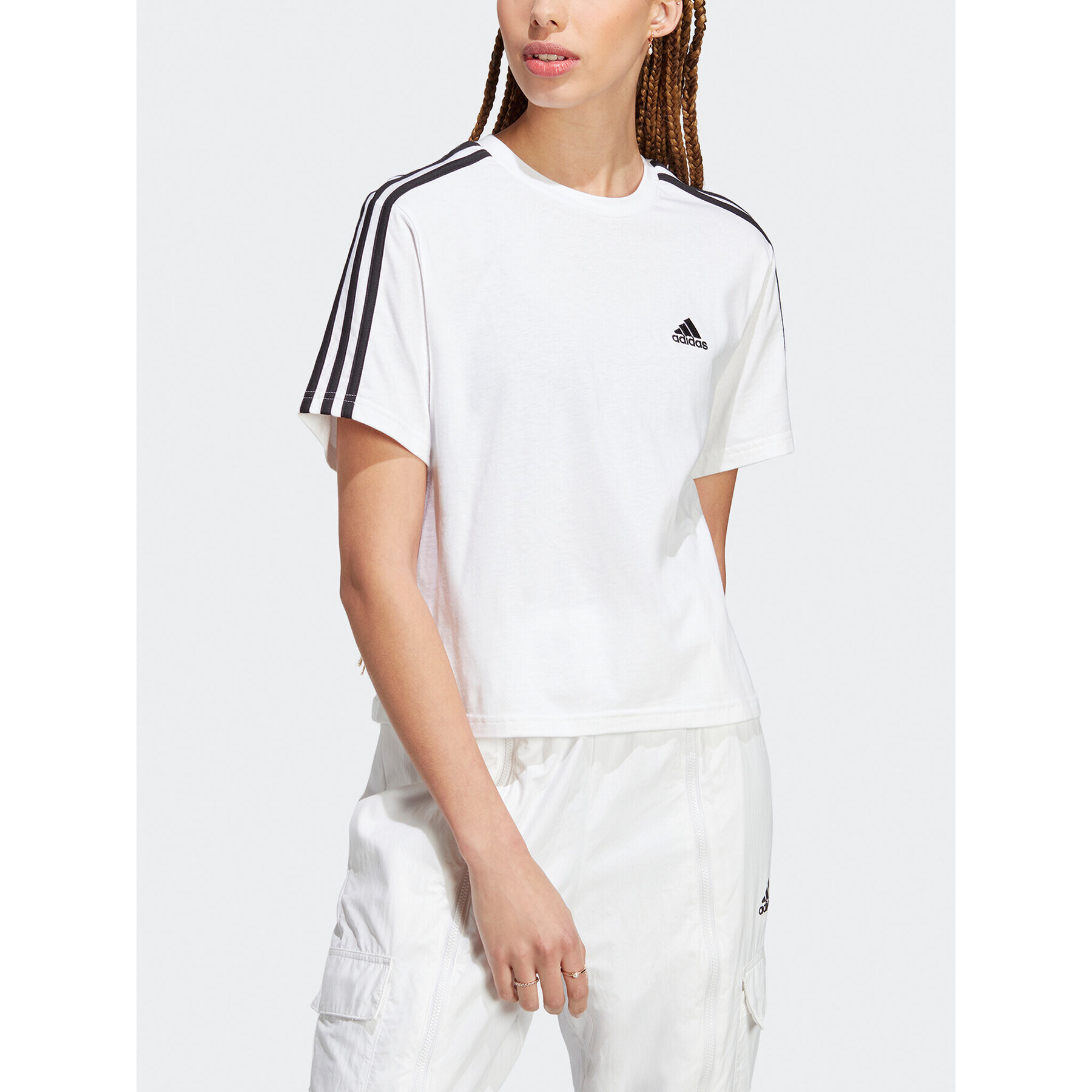 adidas Tricou Essentials 3-Stripes Single Jersey Crop Top HR4915 Alb Loose Fit - Pled.ro