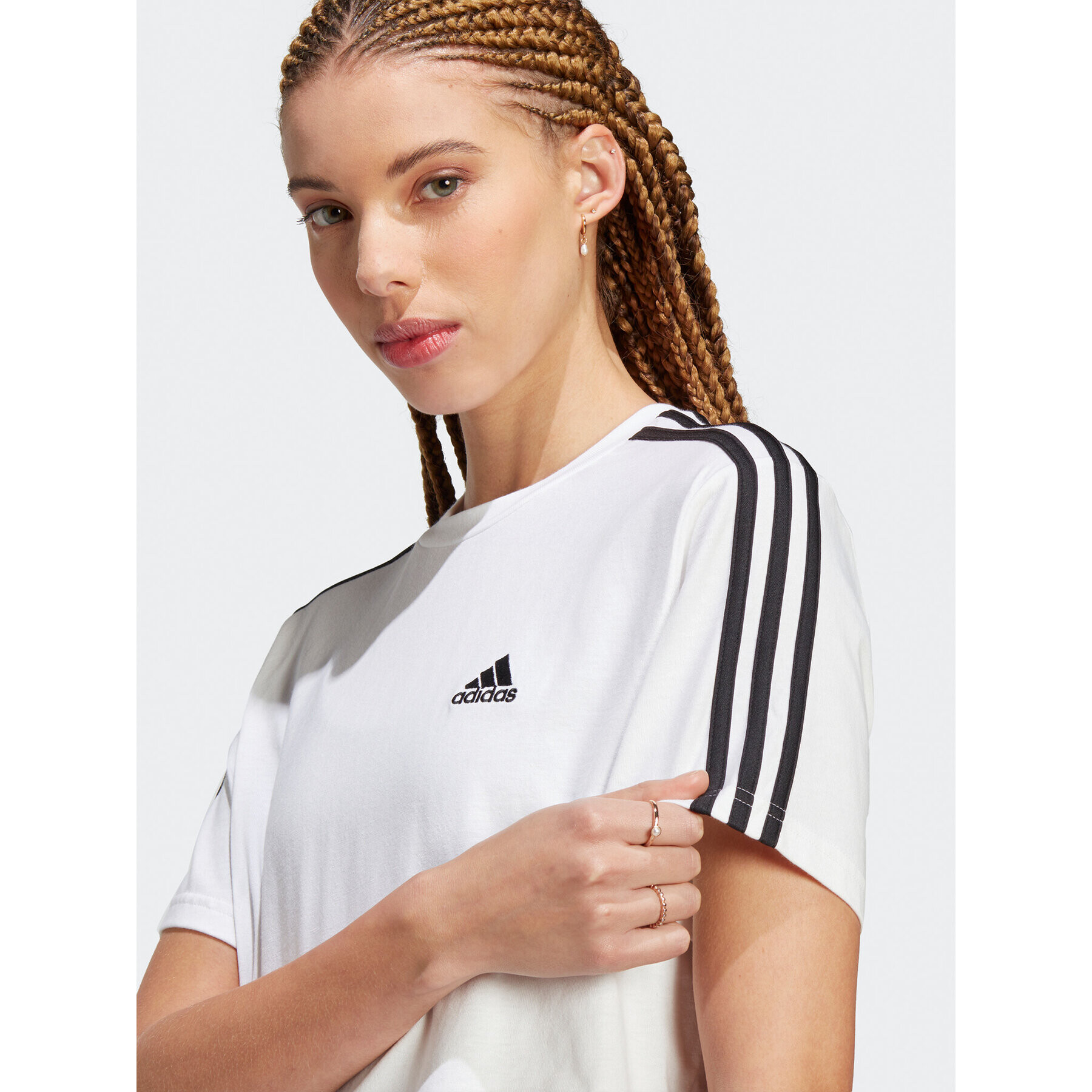 adidas Tricou Essentials 3-Stripes Single Jersey Crop Top HR4915 Alb Loose Fit - Pled.ro