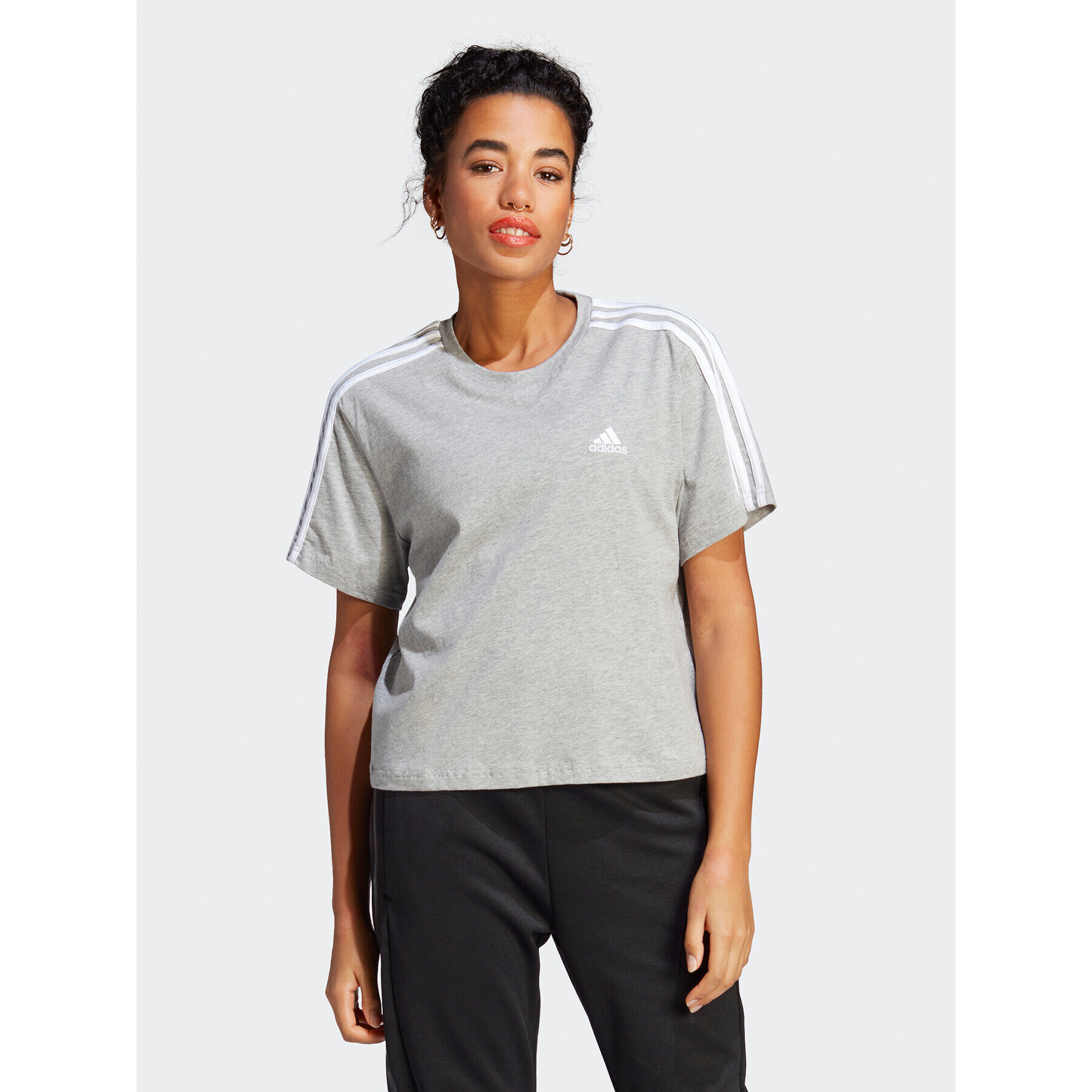 adidas Tricou Essentials 3-Stripes Single Jersey Crop Top HR4916 Gri Loose Fit - Pled.ro