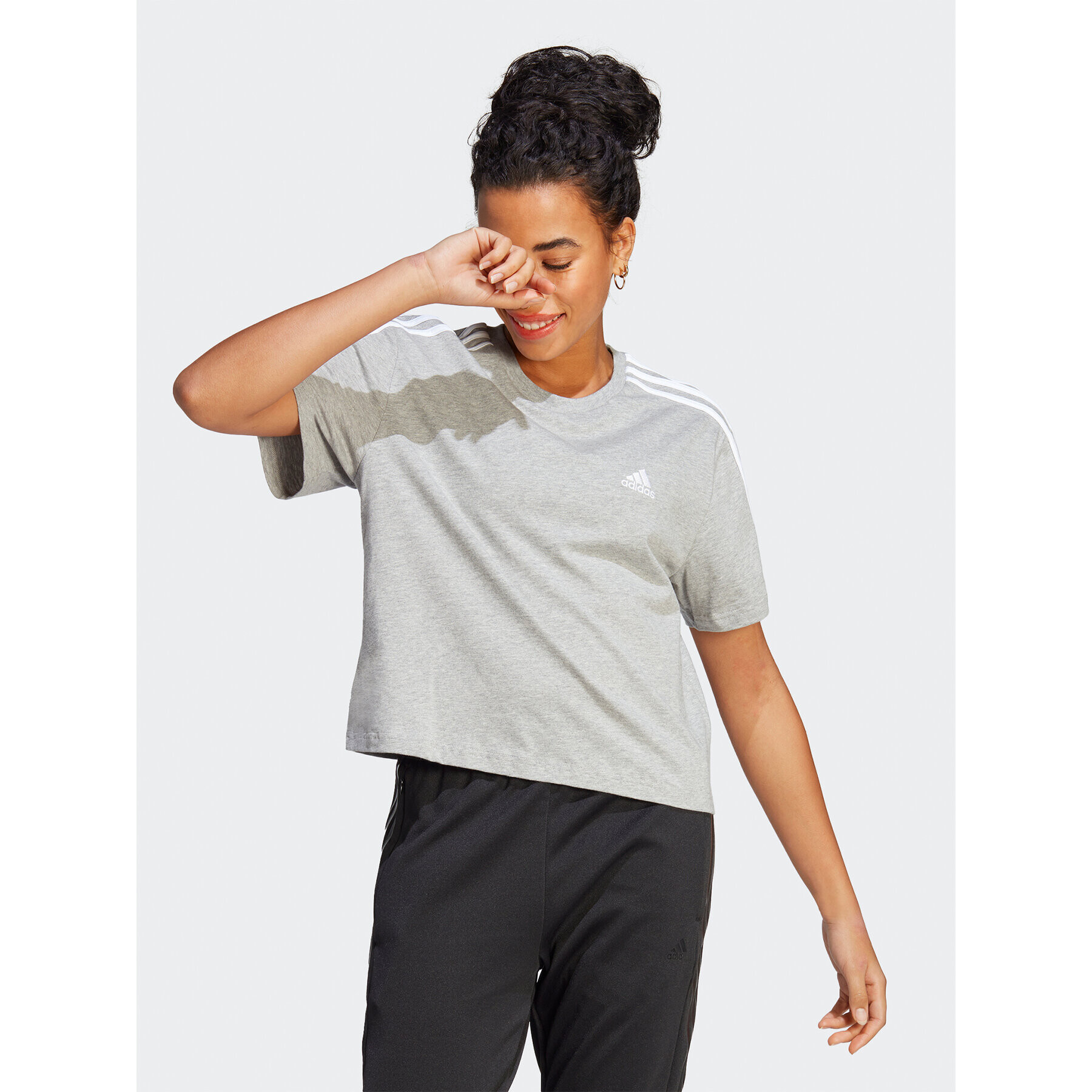 adidas Tricou Essentials 3-Stripes Single Jersey Crop Top HR4916 Gri Loose Fit - Pled.ro