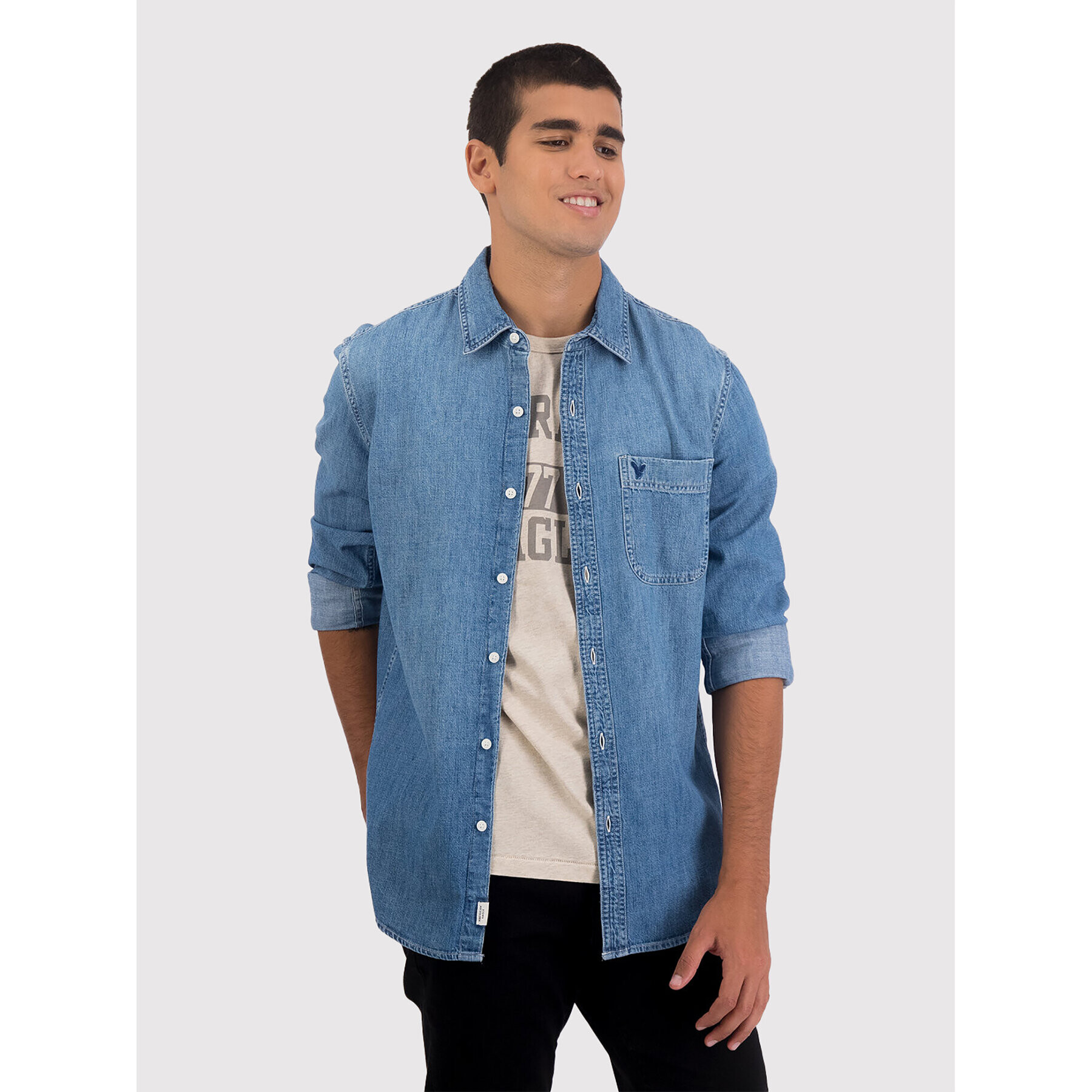 American Eagle cămașă de blugi 015-0153-2182 Albastru Slim Fit - Pled.ro