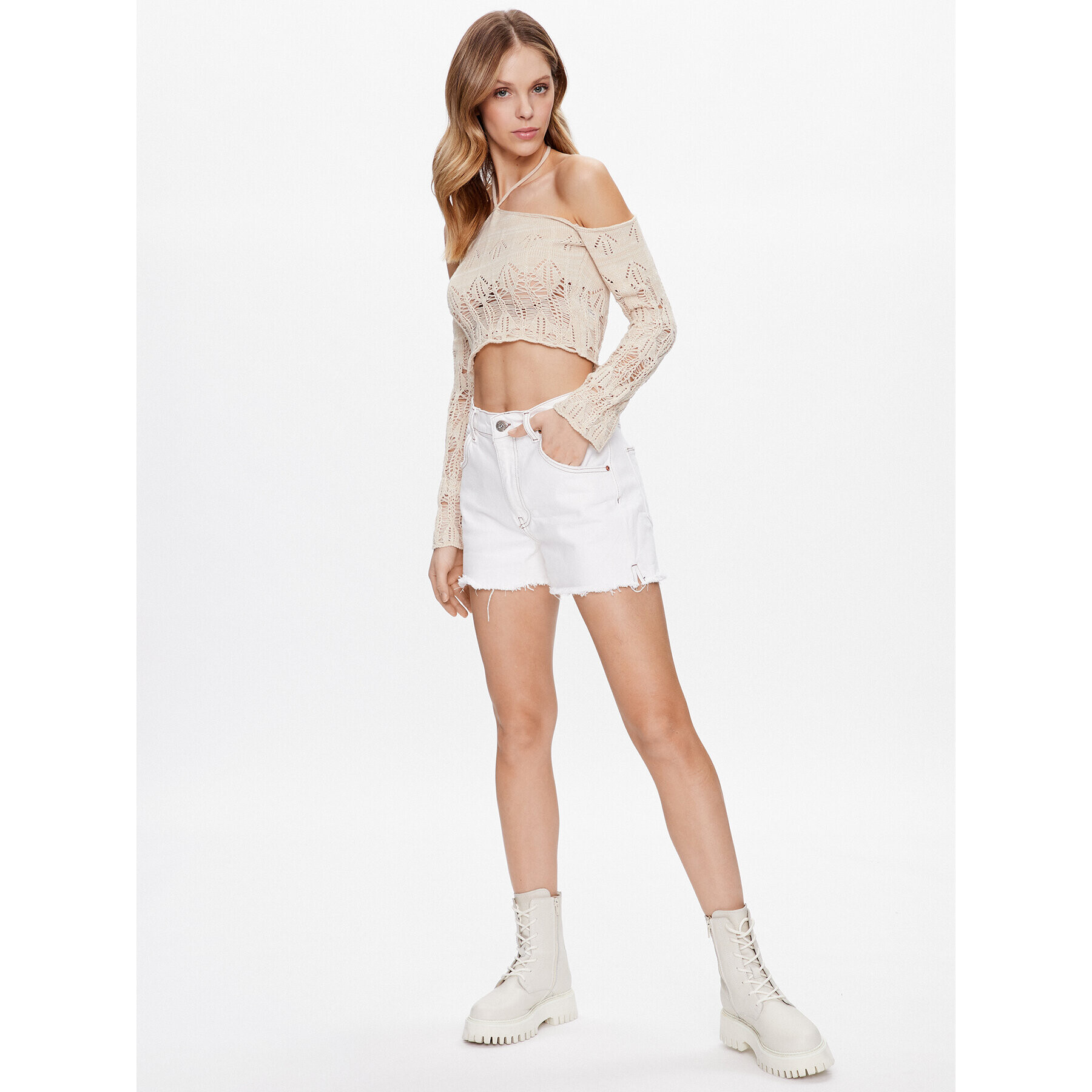 BDG Urban Outfitters Pantaloni scurți de blugi BDG ALINE ECRU STRETCH 76831940 Alb Regular Fit - Pled.ro