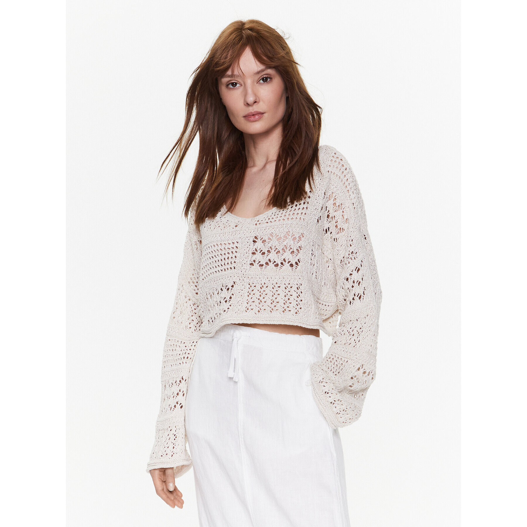 BDG Urban Outfitters Pulover BDG MIX TEXTURE OPEN KNIT 76469063 Bej Cropped Fit - Pled.ro