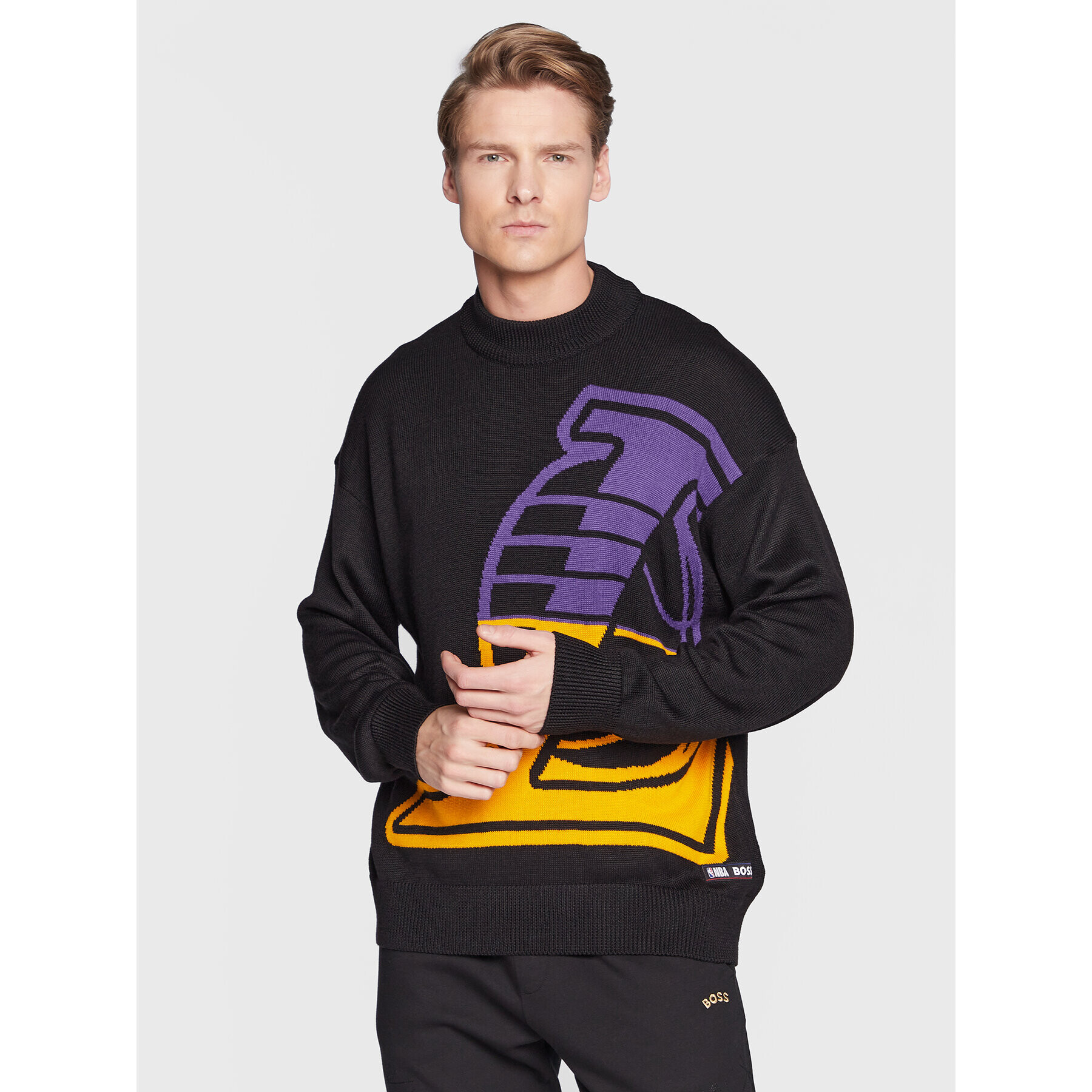 Boss Pulover NBA Knit_Lakers 50480077 Negru Regular Fit - Pled.ro