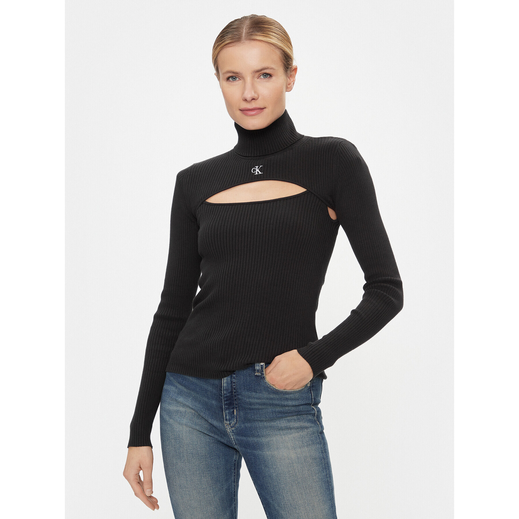 Calvin Klein Jeans Bluză cu gât 2 In 1 Cut Out Tight Sweater J20J222621 Negru Slim Fit - Pled.ro