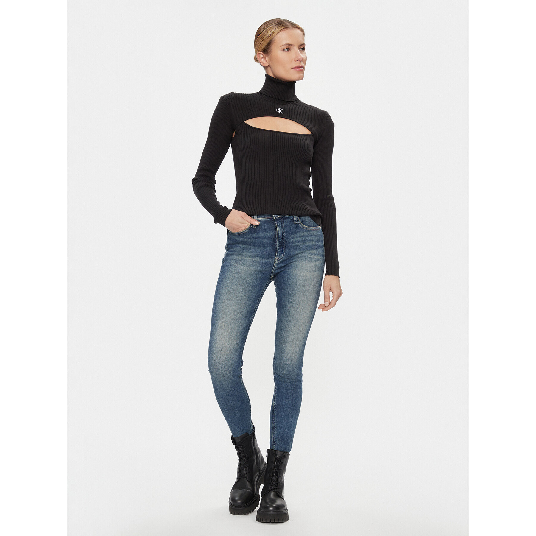 Calvin Klein Jeans Bluză cu gât 2 In 1 Cut Out Tight Sweater J20J222621 Negru Slim Fit - Pled.ro