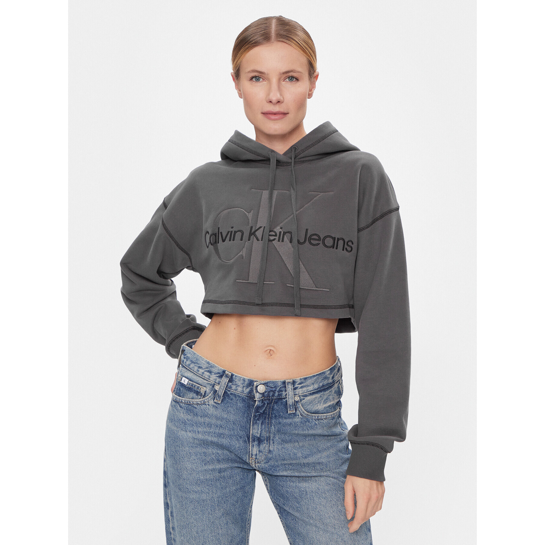 Calvin Klein Jeans Bluză Hero Monologo Short Hoodie J20J222540 Gri Regular Fit - Pled.ro