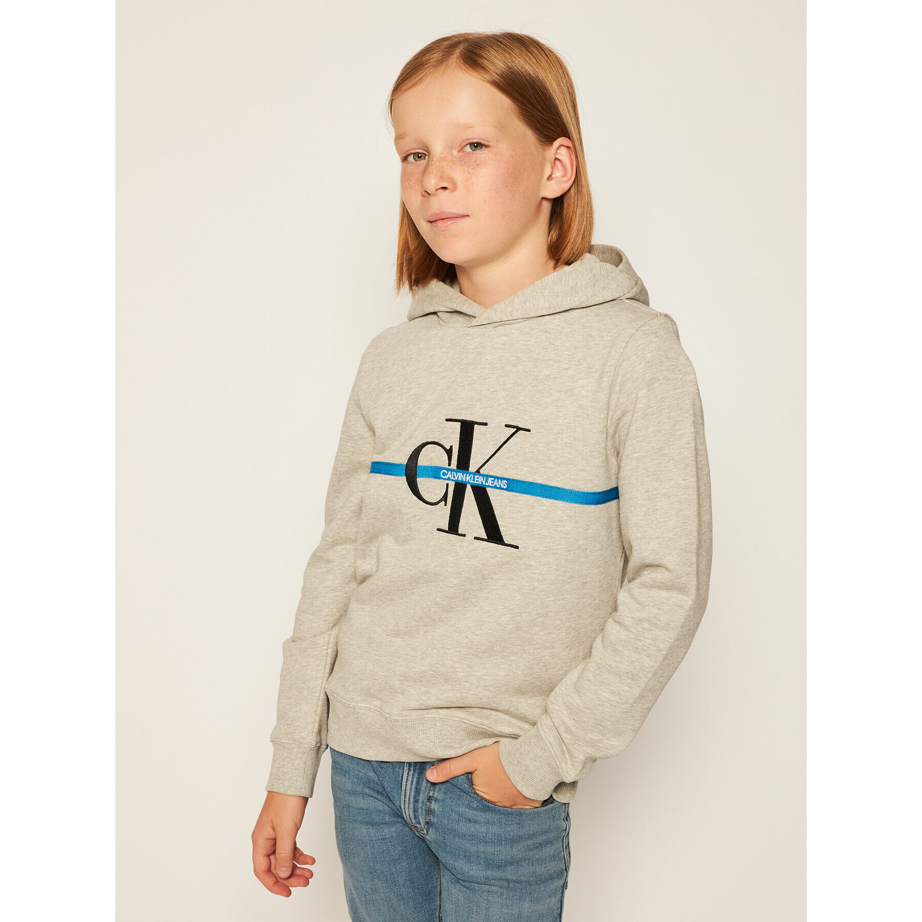 Calvin Klein Jeans Bluză Monogram Stripe Hoodie IB0IB00465 Gri Regular Fit - Pled.ro