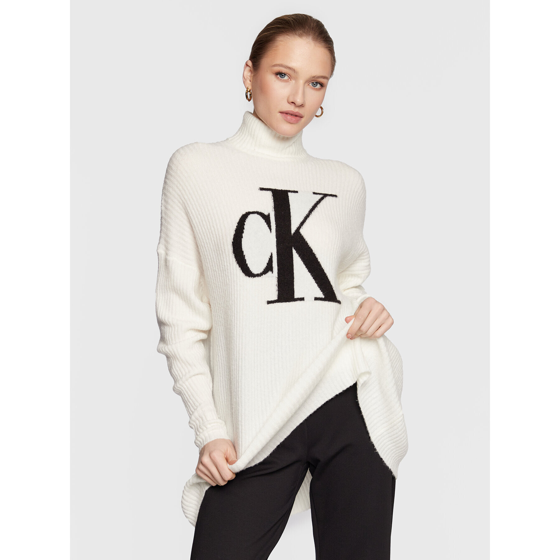 Calvin Klein Jeans Pulover J20J220440 Écru Oversize - Pled.ro