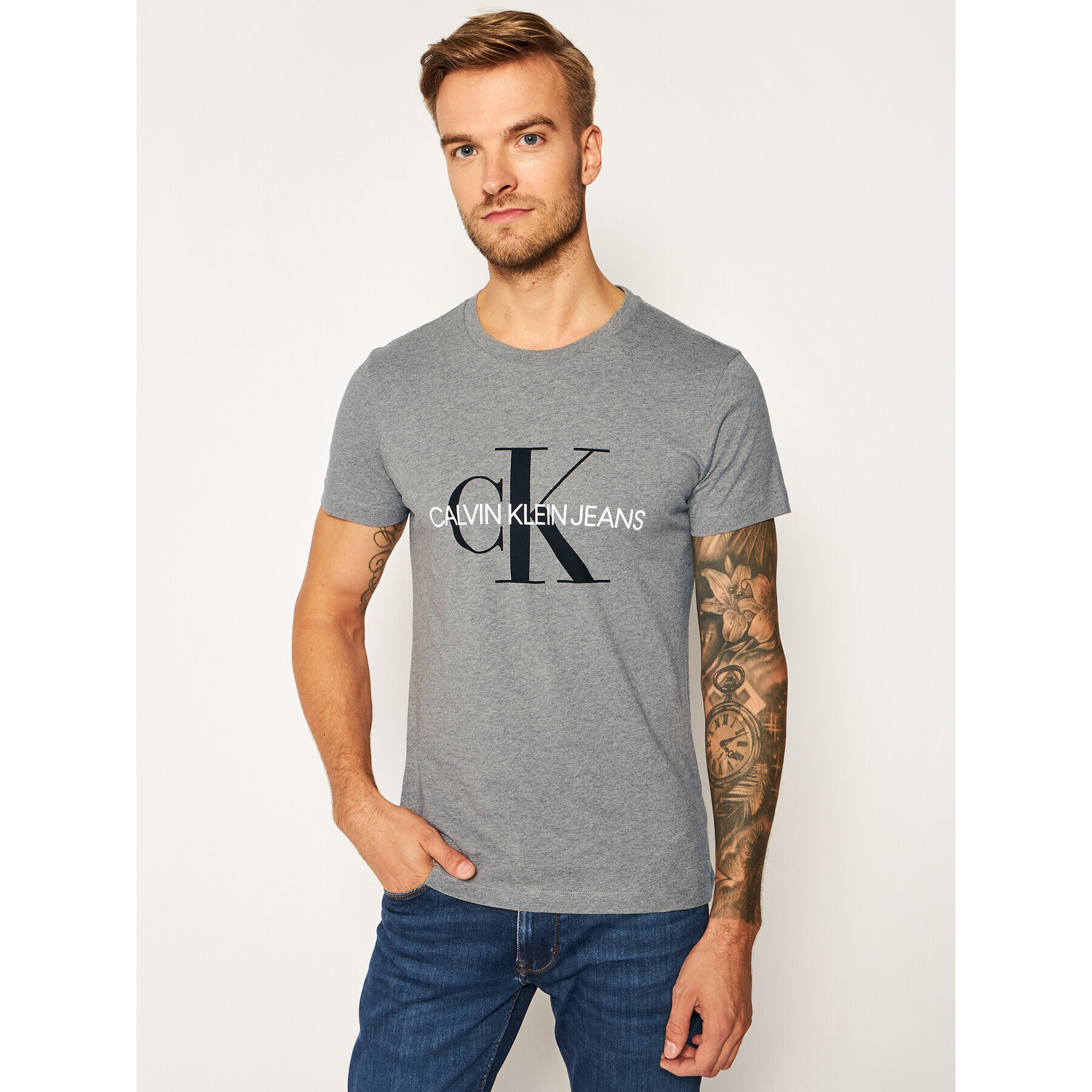 Calvin Klein Jeans Tricou Core Monogram Logo J30J314314 Gri Regular Fit - Pled.ro