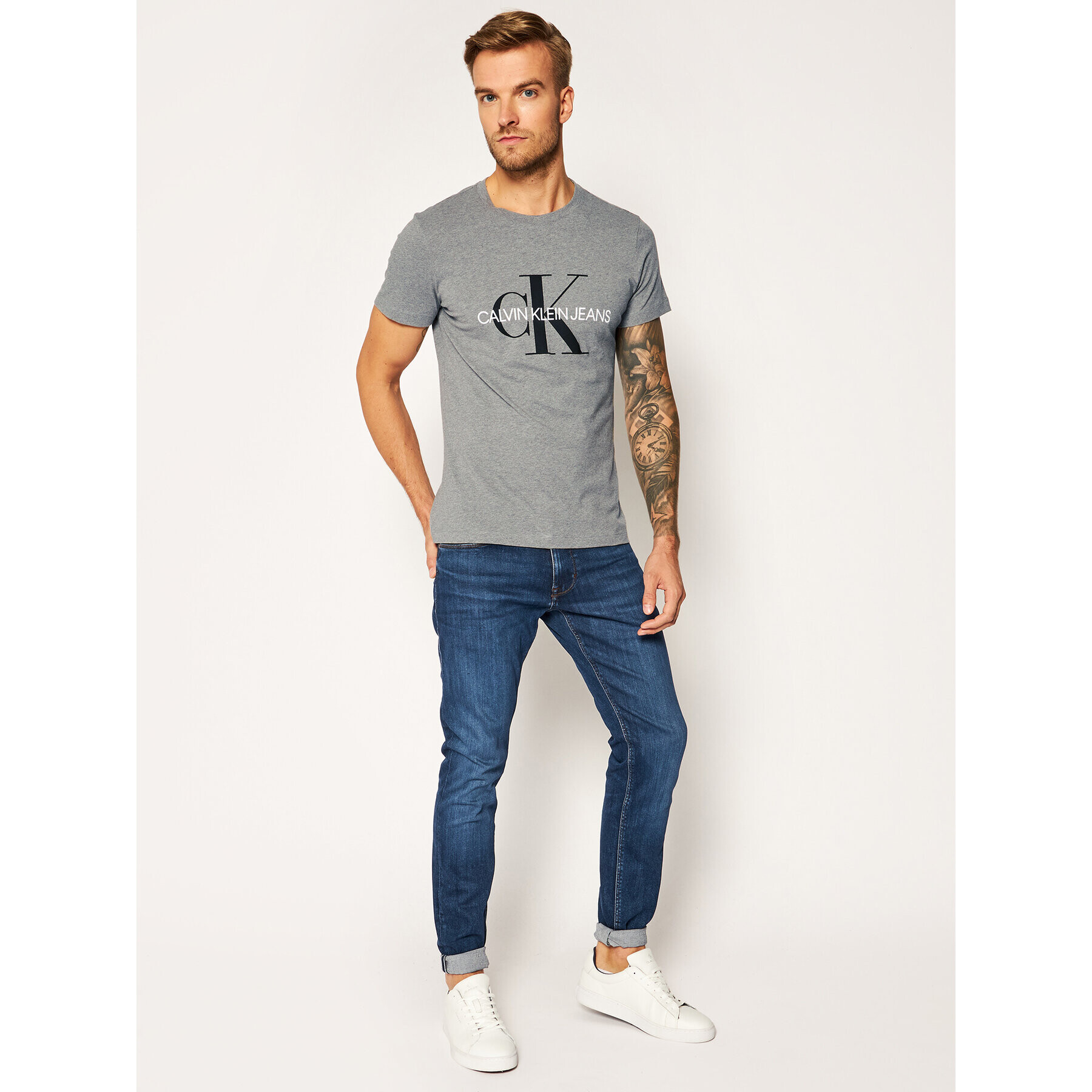 Calvin Klein Jeans Tricou Core Monogram Logo J30J314314 Gri Regular Fit - Pled.ro