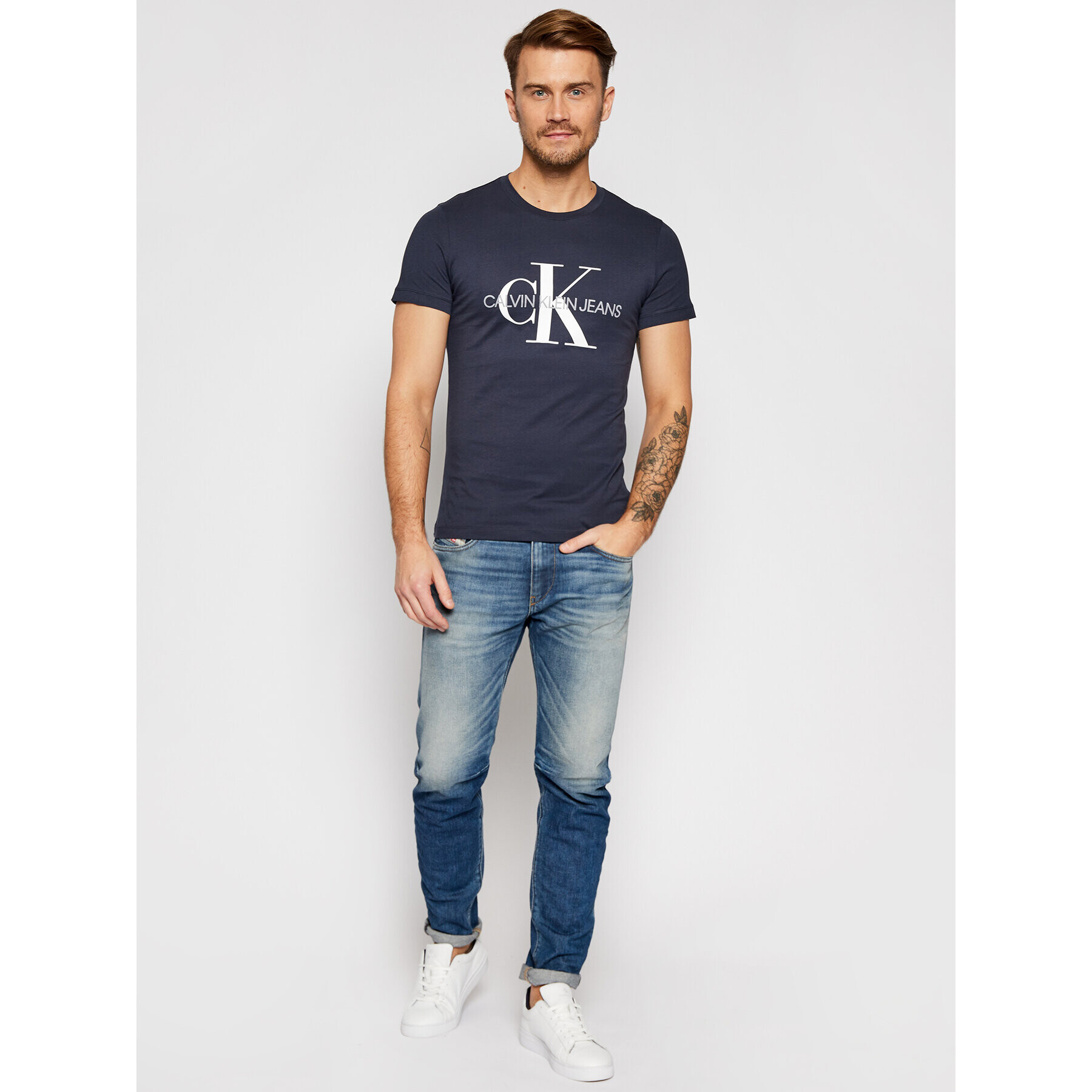 Calvin Klein Jeans Tricou Iconic Monogram J30J314314 Bleumarin Slim Fit - Pled.ro