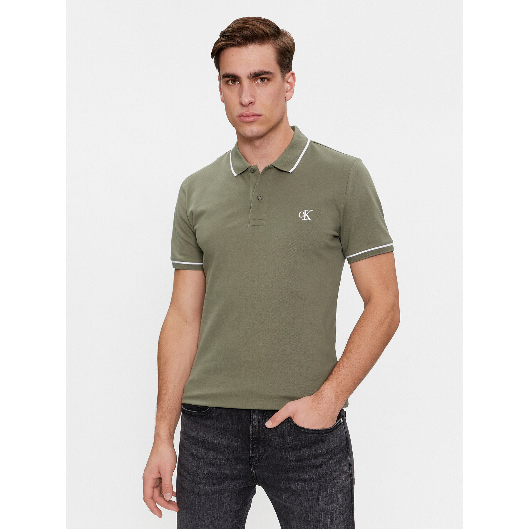 Calvin Klein Jeans Tricou polo Tipping Slim Polo J30J315603 Verde Regular Fit - Pled.ro