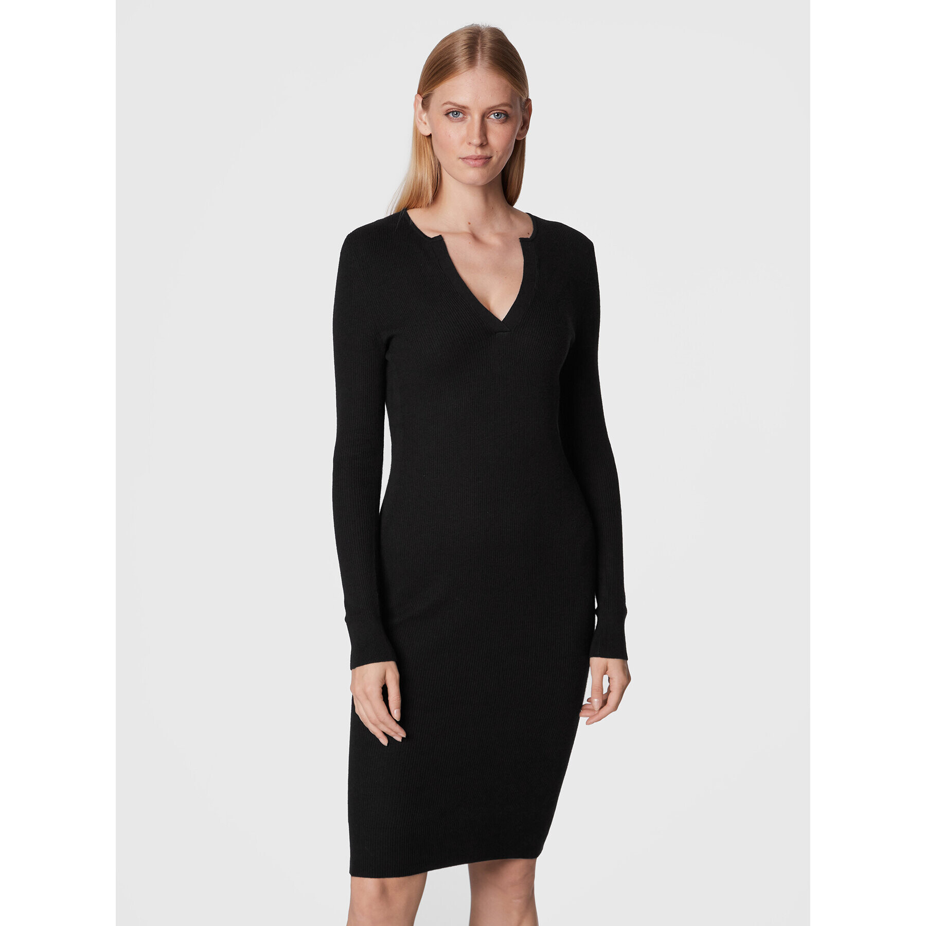 Calvin Klein Rochie tricotată Rib Open Neck K20K204904 Negru Slim Fit - Pled.ro